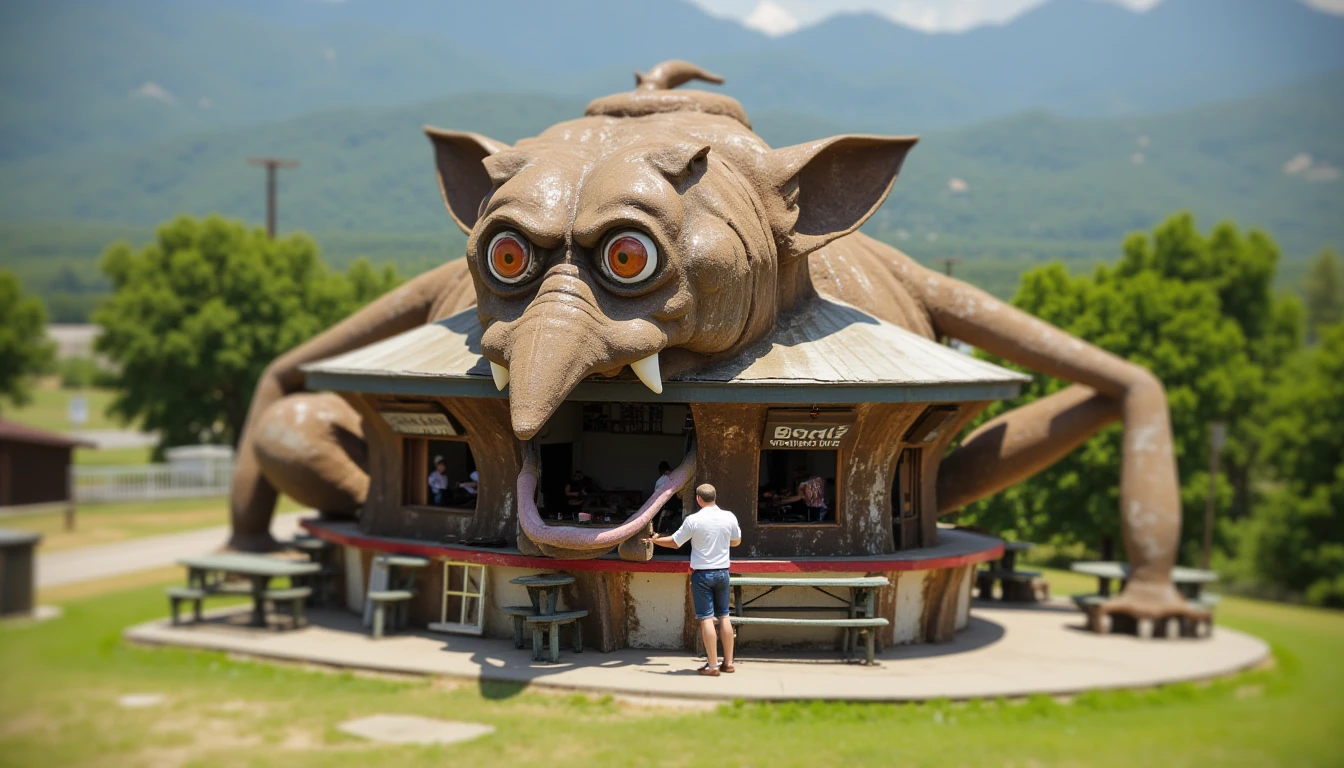 tilt-shift photo of alarming scene of a colossal rusted scared hellhound shaped novelty architecture building operating as a bar in a national park. . selective focus, miniature effect, blurred background, highly detailed, vibrant, perspective control