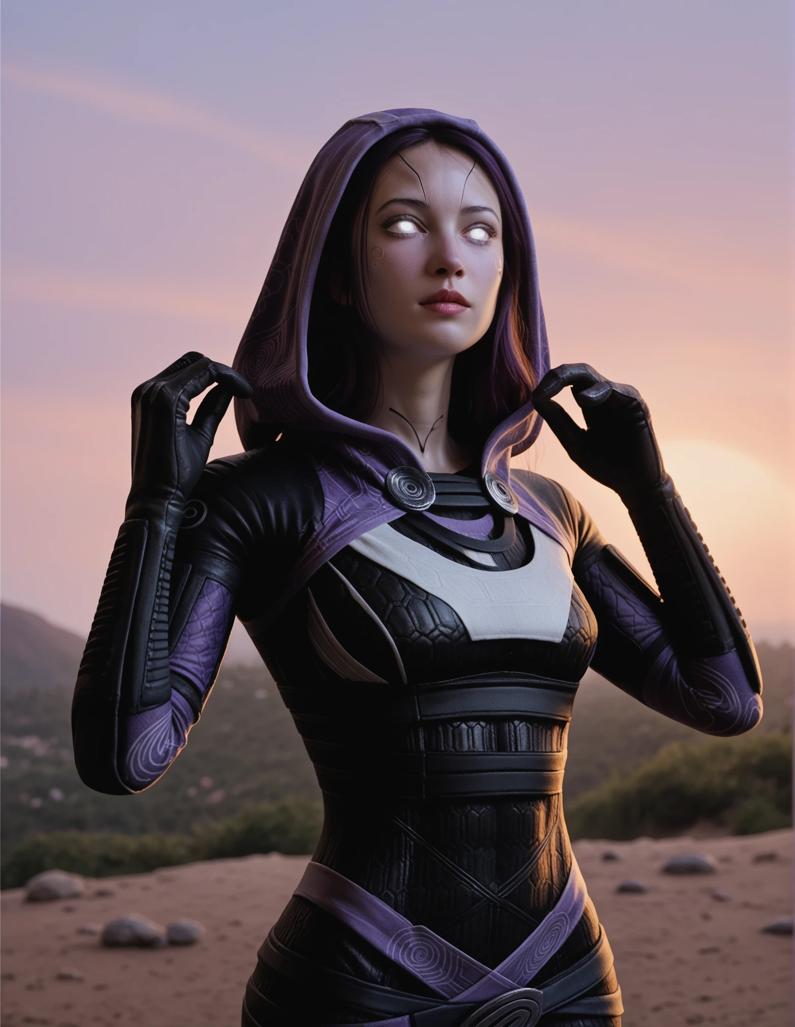 tali zorah <lora:Tali:1> waist up image, bodysuit, white eyes, beautiful woman. black long hair, sunset, perfect waist, pinkish skin, slim, purple atmosphere, purple sky, hands on hood, removing hood, hands with 3 fingers, alien, hands up, gloves ,looking at the discance, score_9, score_8_up, score_7_up, score_6_up