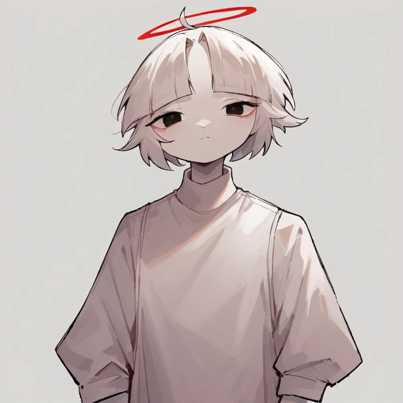 score_9, score_8_up, score_7_up, <lora:chewingarts:1>, chewart, white background, white skin, short hair, white hair, red halo, white dress, looking at viewer, standing, thin body, girl,