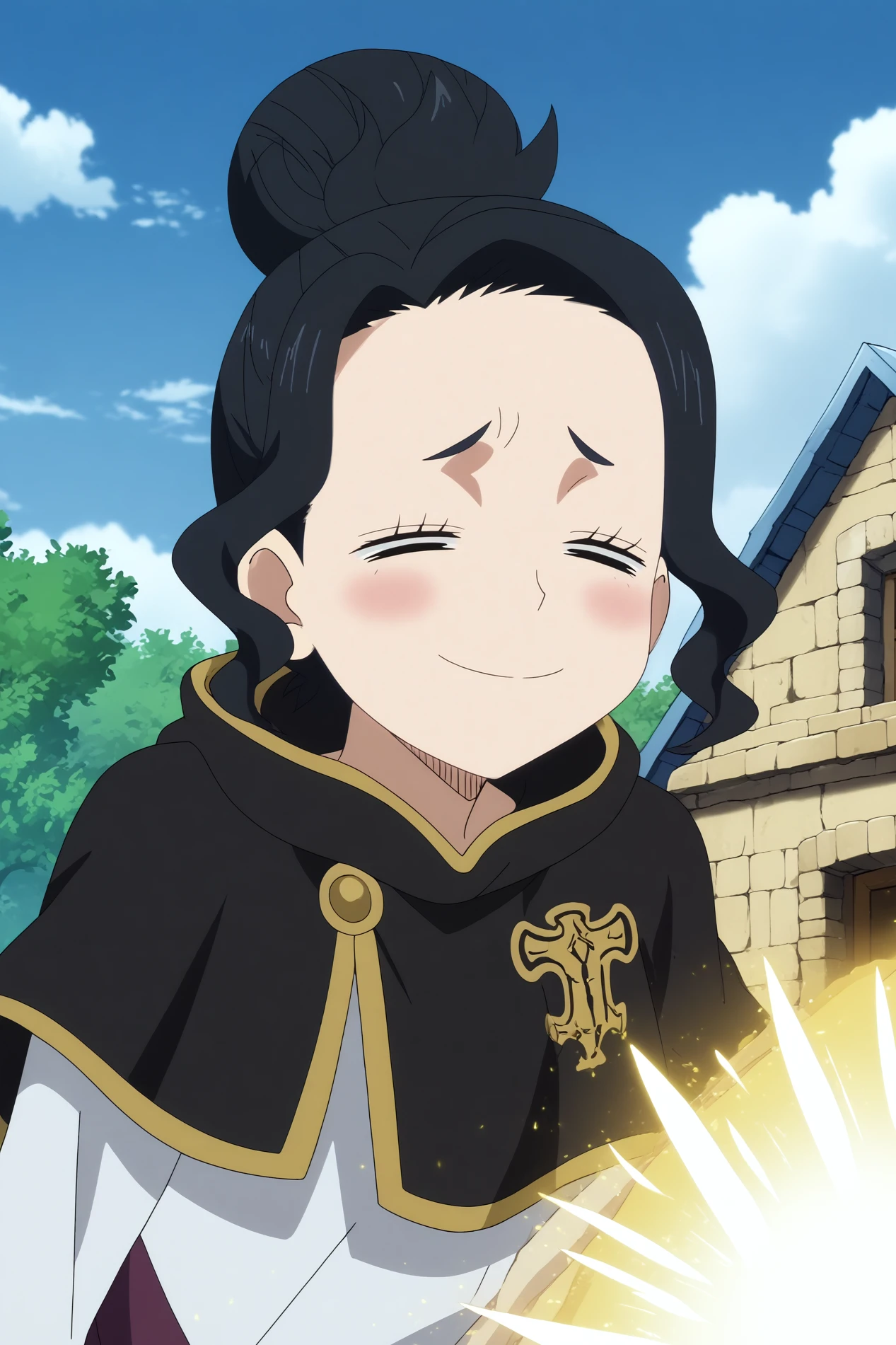  charmy pappitson,1girl,solo,smile,= =,closed eyes,single hair bun,blush,blush stickers,hairbun,capelet,black capelet,short hair BREAK outdoors,sky,old village,ruins  Bending over with a teasing smile, <lora:pus  <lora:Charmy_Pappitson_-_Black_Clover.safetensors:0.8>