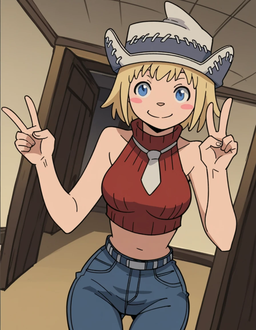 score_9, score_8_up, score_7_up, source_anime, <lora:patricia-thompson-s1-ponyxl-lora-nochekaiser:1>, patricia thompson, short hair, blue eyes, blonde hair, blush sticker, medium breasts,, hat, bare shoulders, jewelry, necktie, sleeveless, midriff, crop top, turtleneck, sleeveless turtleneck, pants, denim, belt, museum, art exhibit, paintings, observing, quiet contemplation, cultural experience, smile, , v, v over mouth, smug,, solo,, cowboy shot, dutch angle,