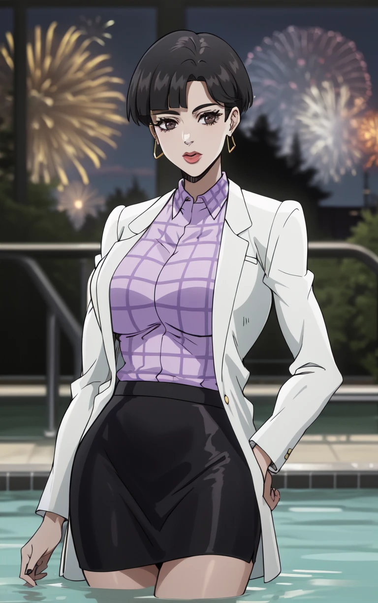 (masterpiece, best quality:1.4), insaneres, absurdres, solo, looking at viewer,BREAK 
Main_JoJoStardustCrusade_Nurse_ownwaifu,
1girl, black eyes, black hair, shirt tucked in, short hair, jewelry, large breasts, lipstick, bangs, lips, hoop earrings, makeup, bob cut, mature female, long coat,
black pantyhose, black skirt, checkered clothes, collared shirt, earrings, lab coat, labcoat, long sleeves, purple shirt, pencil skirt,
(contrapposto, arms behind head, aerial fireworks), wading, neon_lights, cityscape, night, pool, full moon, outdoors, <lora:ANIME_JoJoStardustCrusade_Nurse_ownwaifu:0.9> , depth of field, solo,