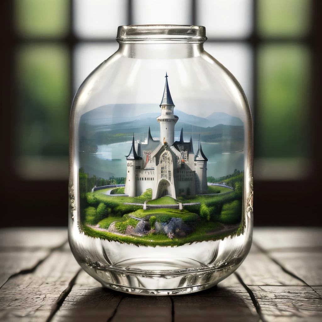 masterpiece, full scale shot, intricate photo, mysterious miniature castle in a transparent glass bottle, hyper realistic, highly detailed, sharp focus, best quality, high resolution, 8K, glassbottle, <lora:GlassBottleNewExp01_1000steps:0.8>