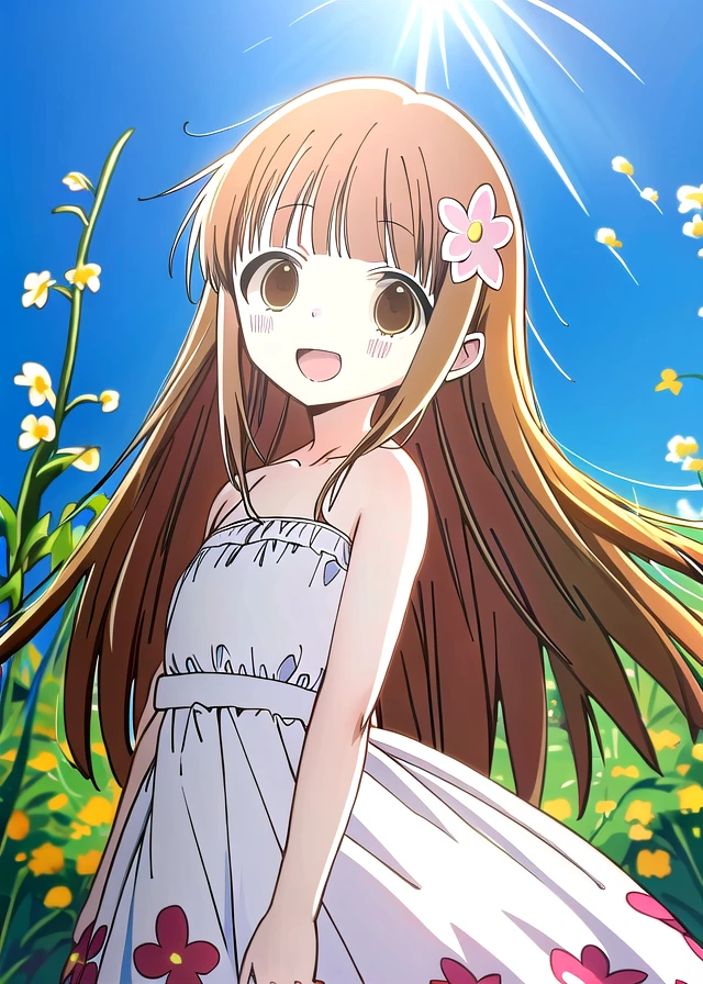 miyano, floral dress, flower garden, happy, backlighting, <lora:156charsgamma7check:1>