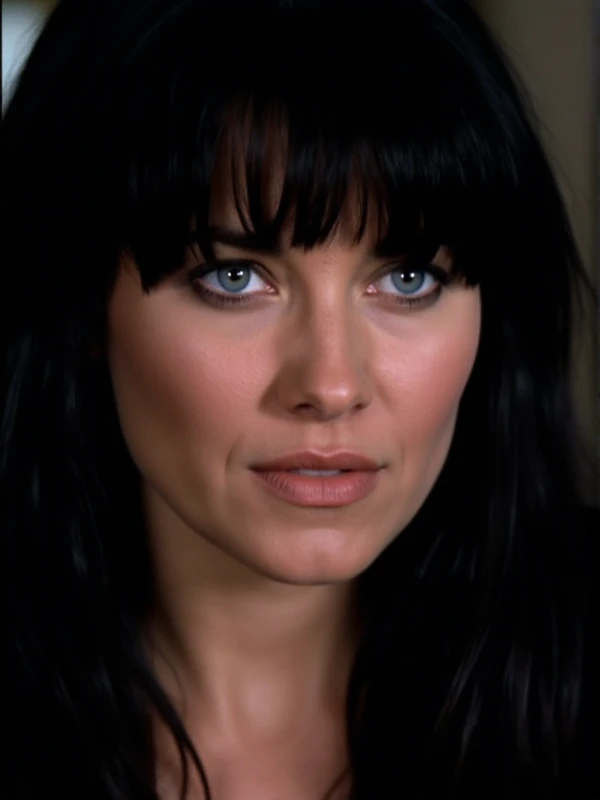 Xena is a dark hair woman with a bangs and blue eyes. closeup face portrait<lora:Xena:0.9>