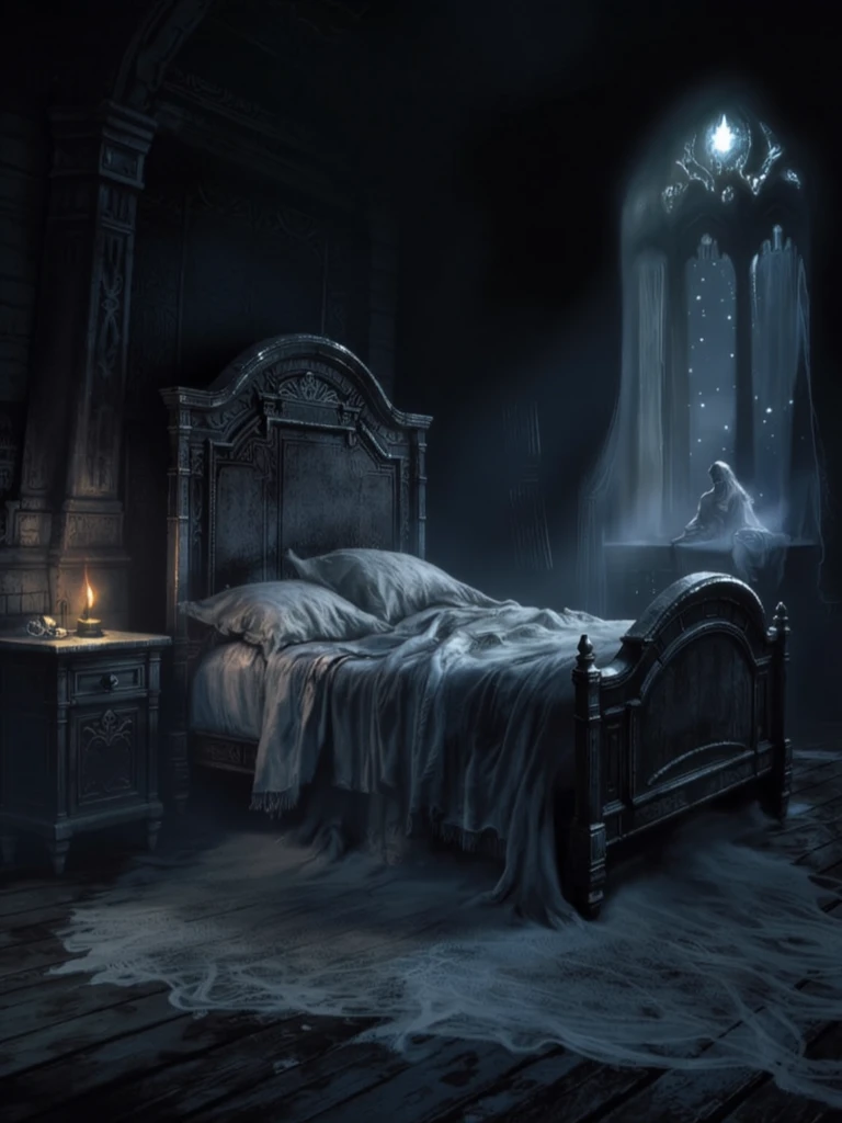 gloomy scene from dark fantasy, Breathing heard from under the bed, though no one’s there
