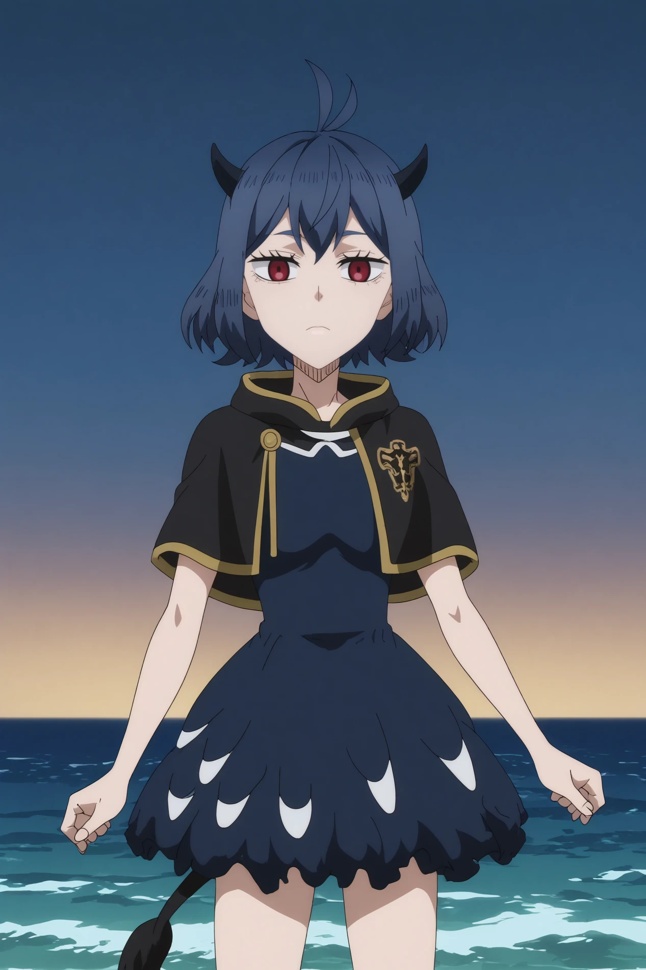 Secre_Swallowtail,1girl,solo,expressionless,dress,black dress,short hair,capelet,black capelet,horns BREAK outdoors,night sky,night time,sea,moon,stars  Posing with hands on thighs,  <lora:Secre_Swallowtail_-_Black_Clover.safetensors:0.8>