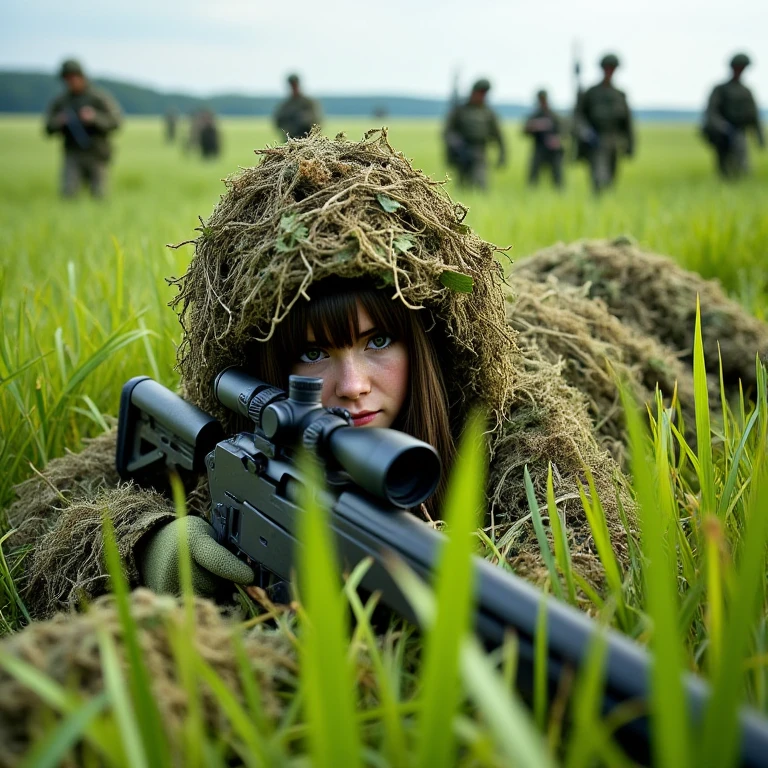 GhillieSuit,

Sniper Girl in Ghillie Suit Hidden in a Field with Soldiers Passing Overhead
In the heart of a vast, overgrown field of grass, wild grass , a woman lies completely still, blending flawlessly into the surroundings. Her ghillie suit is a perfect match for the tall, green flora around her, made from a combination of long grass, twigs, and leaves, expertly interwoven to mimic the natural vegetation. As she lays prone, her body melds into the earth, the ghillie suit breaking up her silhouette, making her virtually invisible.
Above her, a squad of heavily armed soldiers marches through the field, their boots rustling the grass and crunching the dry earth underfoot. The soldiers are unaware of her presence, even as they pass dangerously closeâsome even stepping over her camouflaged form. Her breathing is slow and controlled, her heart steady, as she remains motionless beneath the sea of green, relying on her training and the perfect camouflage of her suit to stay hidden.
The soldiers, outfitted in tactical gear, scan the horizon for threats but fail to notice her lying right beneath them. Their rifles are drawn, their faces tense, but her ghillie suit is so well-blended into the environment that she is nothing more than part of the landscapeâjust another mound of grass in the undulating field.
The sunlight filters through the tall grasses, casting shifting shadows that help further conceal her position. As the soldiers move on, their voices muffled by the wind and the rustling of the plants, she remains completely still, her rifle nestled into the grass beside her, ready but undetectable. Her focused eyes peer through the sparse gaps in the vegetation, following the soldiersâ movements but betraying nothing.
The field stretches on, offering her perfect cover, as the tall grasses and wild flora sway gently in the breeze. The tension is palpable, yet her composure remains unshaken. She is a ghost in the grass, invisible in plain sight. The soldiers, unaware of how close they came to danger, march past her without a second glance, disappearing into the distance.
In this scene, she embodies stealth and patience, lying low as the threat passes over her, fully attuned to the rhythms of the environment, just like in the iconic "All Ghillied Up" mission. The moment is tense, yet serene, her mastery of camouflage and stillness ensuring her survival in this delicate game of life and death.
, <lora:Ghillie_suit_clothing_flux:0.8>,