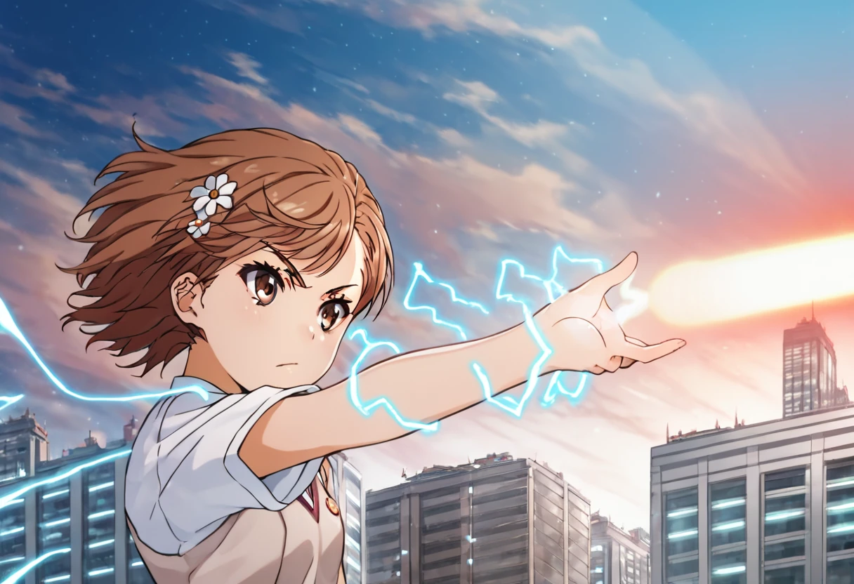 score_9, score_8_up, score_7_up, score_6_up, score_5_up, score_4_up, <lora:mikoto-misaka-ponyxl-lora-nochekaiser:0.8> , mikoto misaka, short hair, brown hair, hair ornament, hair flower, brown eyes, tokiwadai uniform school, 1girl, alone, solo, masterpiece, highres, highly detailed face,  <lora:railgun_technique:0.8>, orange beam, energy beam, from side, looking to the side, electricity, electrokinesis,  one-arm outstretched, city background