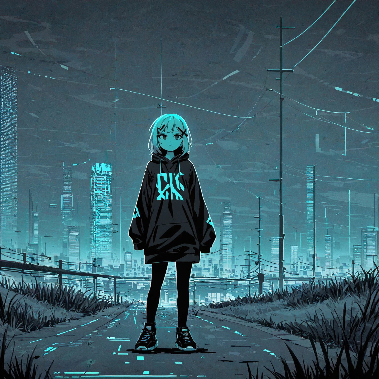 score_9, score_8_up, score_8,1girl,looking at viewer,full body shot,sleeves,full body,:d,glitch art,glitching,glitch,scanlines,monochrome,outdoors,power lines,wide shot,reddish sky,grass,hill,expressionless,x hair ornament,city lights in background,city in background,skyscraper in background,skyline,stylish,dark theme,