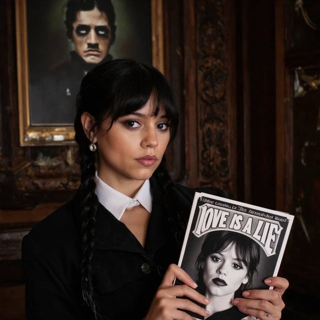 A portrait of jenna_ortega in a dark, vintage setting. She holds a book titled 'Love is a LIE' with a black and white image of jenna_ortega's face on the cover.The woman wears a white collar and a black jacket. Her hair is styled in two braids. She looks directly at the camera with a serious expression. Behind her is a wooden wall with intricate carvings and a framed portrait depicting the frankenstein monster. The color palette consists of dark browns, blacks, and whites, creating a somber and reflective atmosphere.