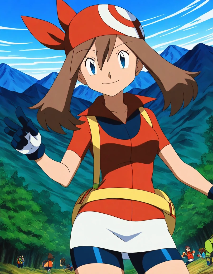 score_9, score_8_up, score_7_up, source_anime, <lora:pokemon-may-anime-illustrious-lora-nochekaiser:1>, pokemonmay, 1girl, may (pokemon), blue eyes, brown hair, bandana, long hair, red bandana, twintails, hair between eyes,, bike shorts, collared shirt, gloves, microskirt, multicolored shirt, pencil skirt, red shirt, shirt, short sleeves, skirt, white skirt,, mountain trail, hiking, nature, backpack, adventure, fresh air, smile, looking at viewer, v,, solo,, cowboy shot, dutch angle, solo