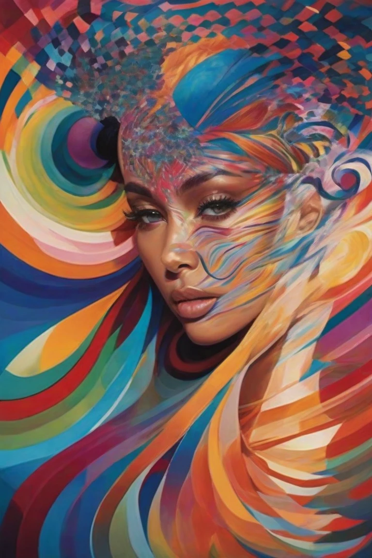 A surreal, dreamlike scene where a woman's body is transformed into a vibrant, swirling vortex of colors and shapes. Geometric patterns dance across her skin, with bold lines and curves forming a mesmerizing, three-dimensional structure that appears to shift and pulse like a living entity. The surrounding environment dissolves into a kaleidoscope of hues, blurring the boundaries between reality and fantasy.