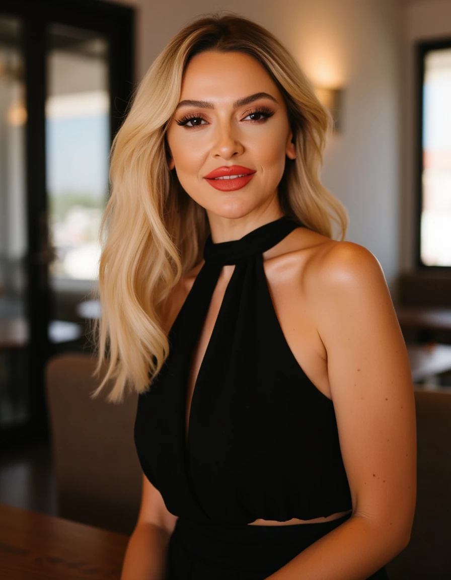 <lora:Hadise_Flux:1>  beautiful exquisite realistic photo of, she wears vibrant red lipstick, black halter top dress. wavy blonde hair, healthy glow, standing in a cafe looking at the viewer smiling