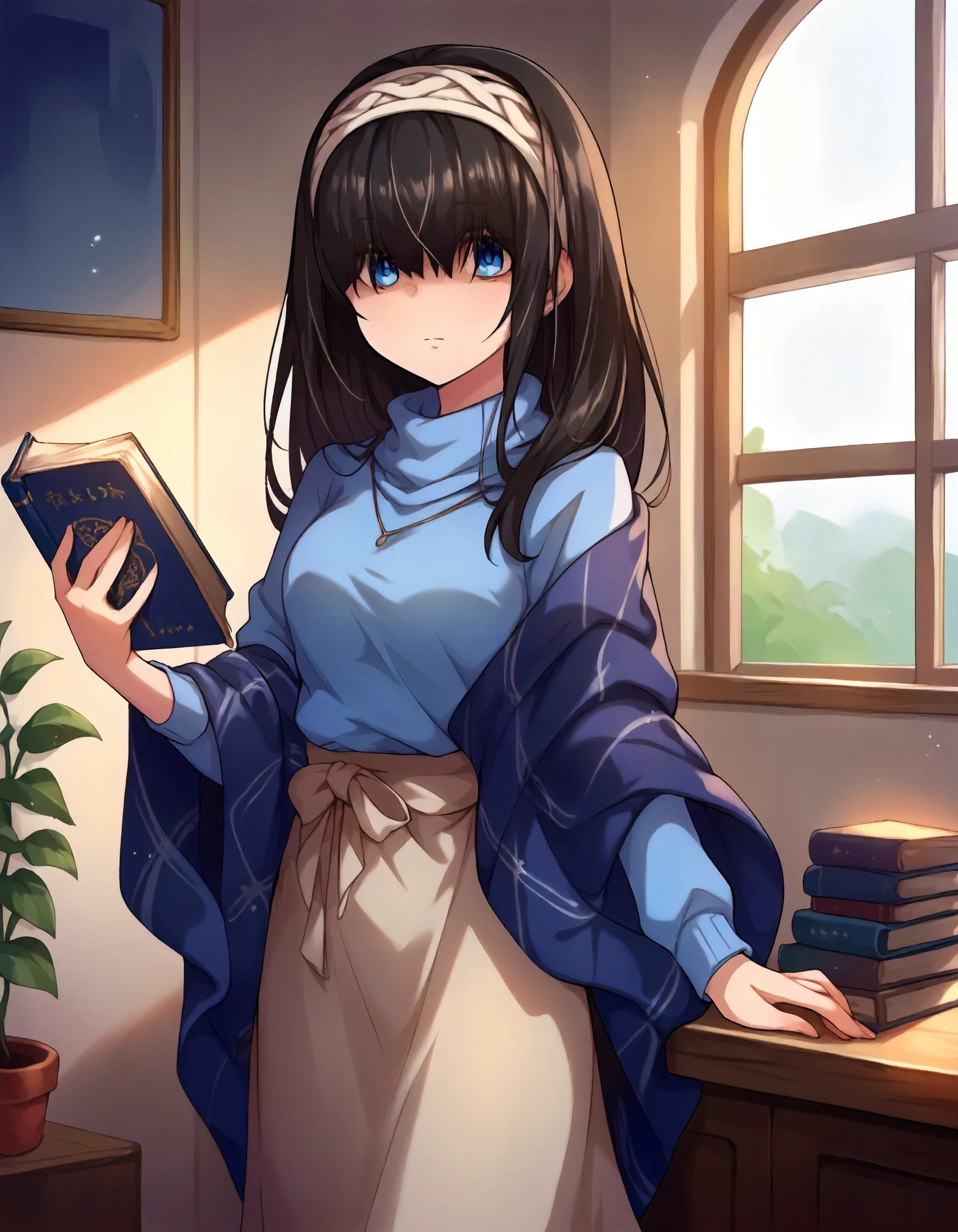 score_9,score_8_up,score_7_up,1girl,solo,cowboy shot,looking at viewer,closed motuh,indoors,holding book,
<lora:sagisawafumika_ponyXLV6:0.8>,cgsf,
black hair,long hair,blue eyes,hair over eyes,
hairband,blue shawl,blue sweater,light brown skirt