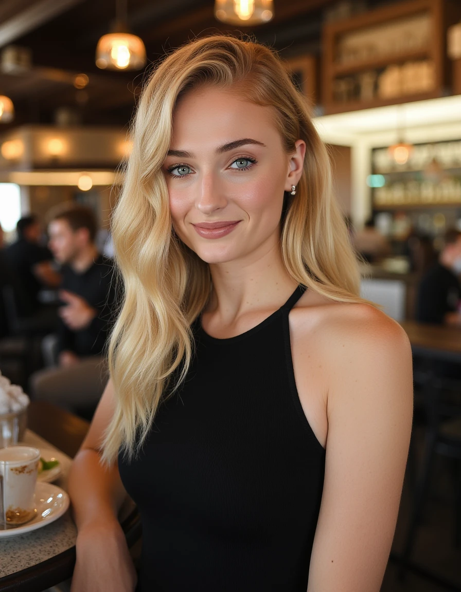 <lora:Sophie_Turner_Flux (1):1> This is a high-resolution photograph of a young woman with a light complexion and striking blue eyes. wavy blonde hair styled in loose waves cascading over her shoulders. Her hair is parted on the side,  wearing a black dress standing in a cafe, looking at the viewer, smiling.