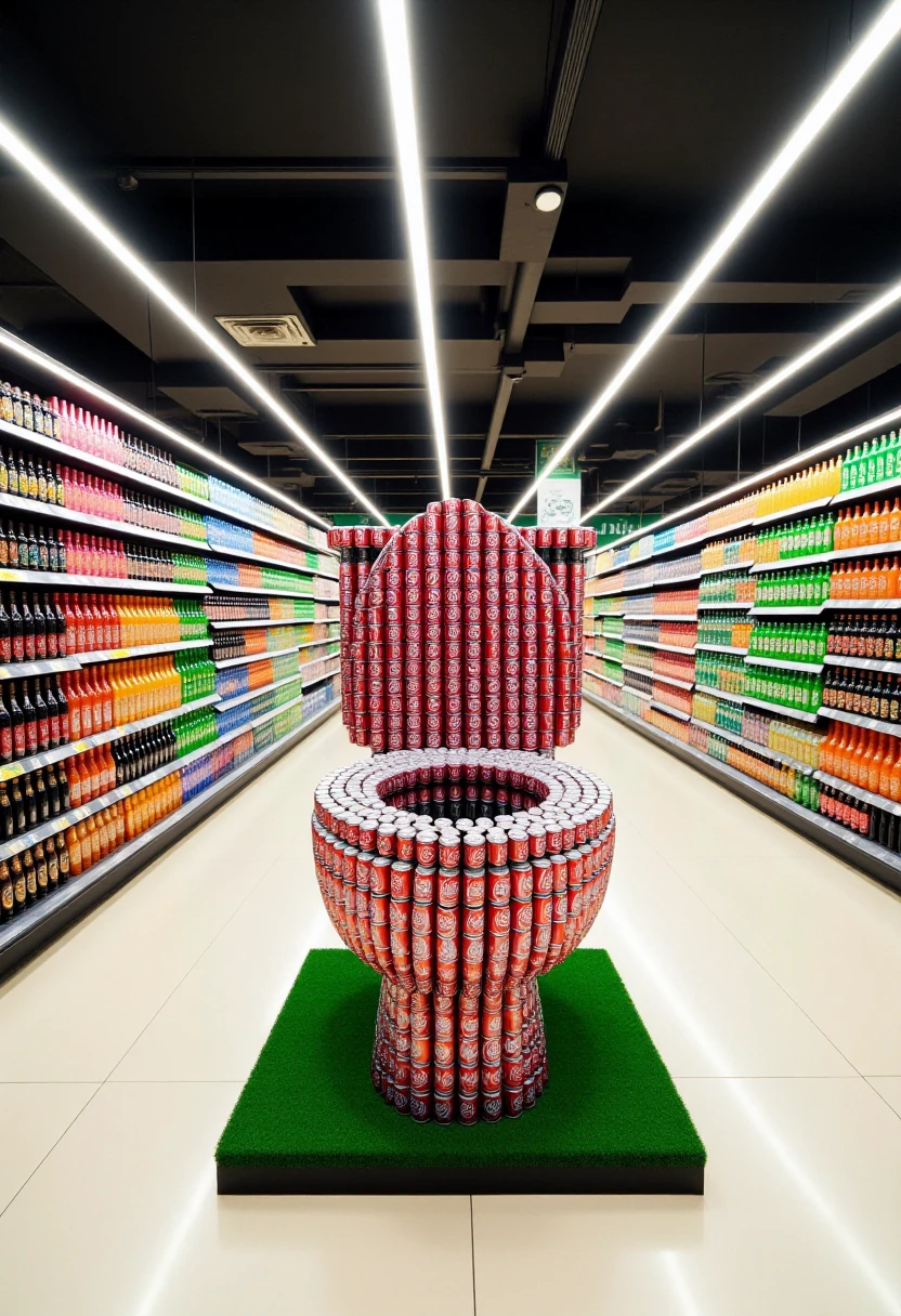 <lora:Supermarket_Soda_Stacker_FLUX-000018:0.8>
The image is a high-resolution photograph taken in a brightly lit supermarket aisle. The central focus is a unique, artistic display made entirely of canned drinks. The cans are arranged to form a toilet, complete with a seat and a lid, placed on a small, artificial grass mat that mimics a toilet seat. The toilet is constructed from hundreds of cans arranged in a precise, symmetrical pattern, with the seat and lid formed from a series of stacked cans. 
The background showcases the supermarket aisle, lined with shelves stocked with numerous rows of various beverages, predominantly soft drinks and juices. The shelves are neatly organized, with products arranged in color-coded sections. The aisle is wide and clean, with a polished, light-colored floor.