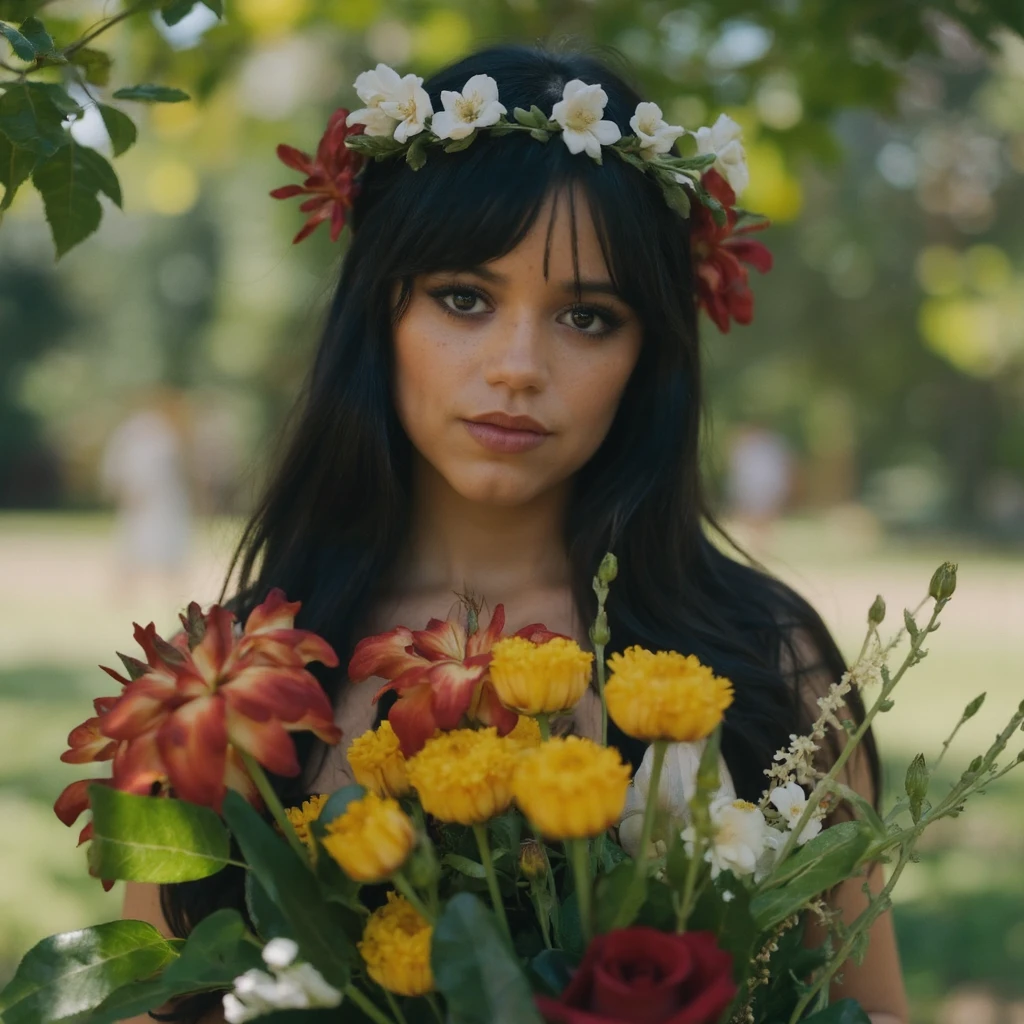 A portrait of jenna_ortega in a serene outdoor setting. She wears a floral crown of white and red flowers and holds a bouquet of yellow and orange flowers. Her long black hair
 flows down her back, and she wears a single red rose. The background is softly blurred, emphasizing the woman and the flowers. Sunlight filters through the leaves, casting a warm glow on the scene. The image has a dreamy, ethereal quality, with a color palette dominated by earthy tones.