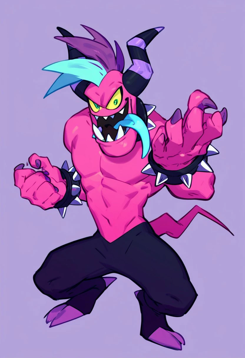 score_9, score_8_up, score_7_up, Zazz, Zeti, mohawk, blue tongue, yellow sclera, green eyes, horns, tail, open mouth, sharp teeth, spiked collar, spiked bracelets, male, solo, simple background, purple background, big gold stars, action pose