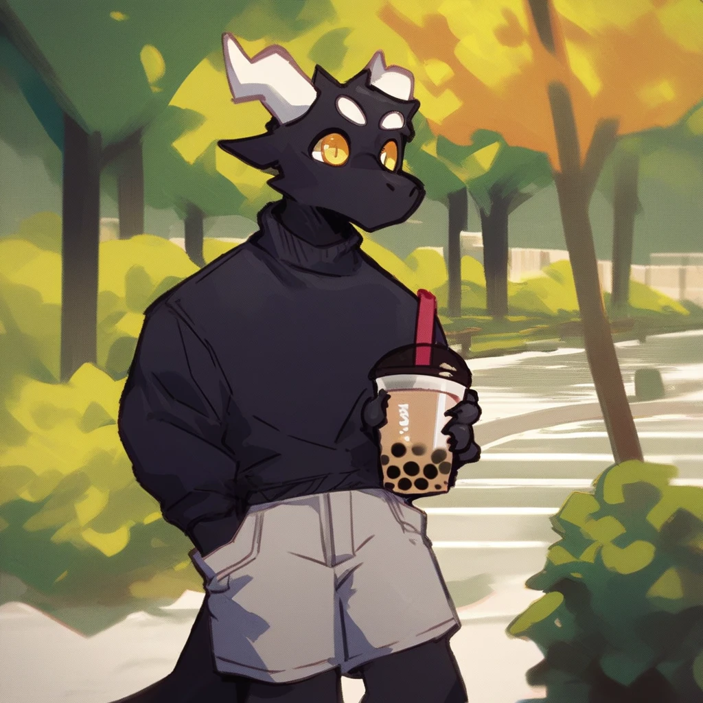 score_9_up, score_8_up, score_7_up, source_furry, mikus-style, black dragon, black body, white horns, yellow eyes, park, holding, bubble tea, black sweater, gray shorts, 1boy, solo