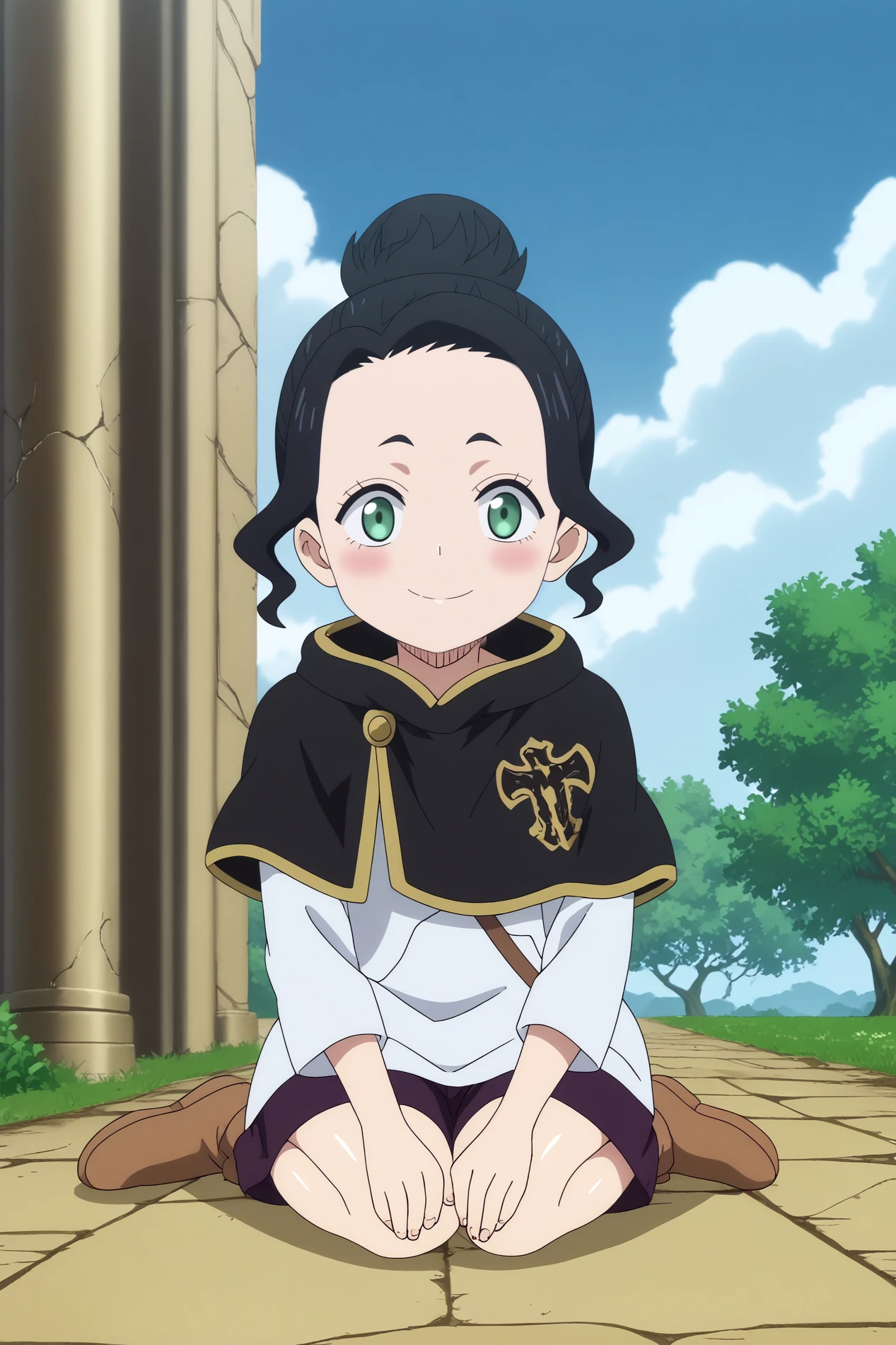 charmy pappitson,child,1girl,solo,smile,single hair bun,blush,blush stickers,hairbun,capelet,black capelet,short hair BREAK outdoors,sky,old village,ruins  Sitting on knees with hands resting on thighs,  <lora:Charmy_Pappitson_-_Black_Clover.safetensors:0.8>