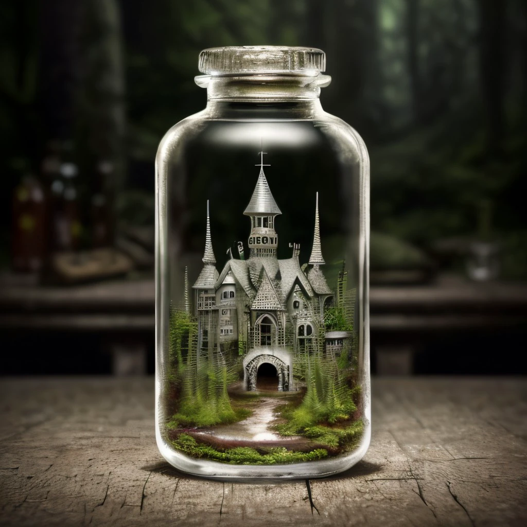 masterpiece, full scale photo, intricate photo, mysterious miniature haunted house in a whole lying  transparent slim glass bottle, background swampy forest, hyper realistic, highly detailed, sharp focus, best quality, high resolution, 8K, glassbottle, <lora:GlassBottleNewExp01_1000steps:0.8>