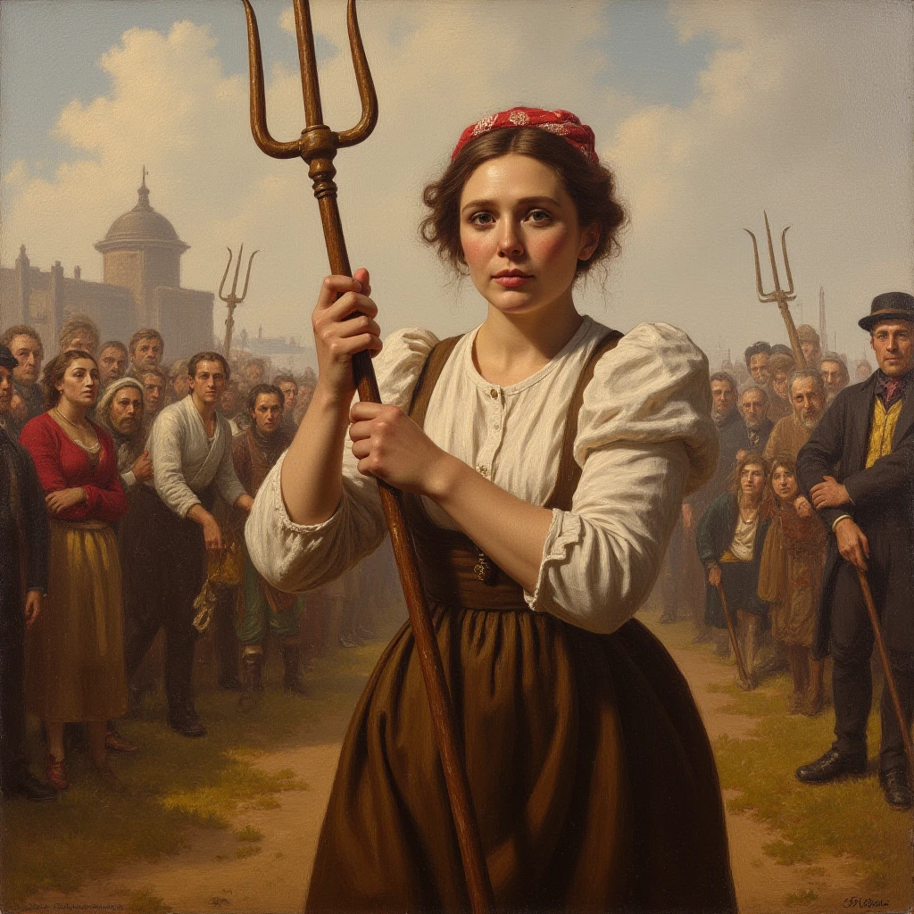 (Beautiful impressionistic oil painting) of a woman in the 1870s in france during the french revolution holding a three-pronged simple pitchfork and leading a rabble of shouting people to the bastille. She is clothed in french peasant clothing of the early 19th century and has a determined look on her face., , <lora:eliolsen_2017_local_164_merger_20v1_8v2_34v2_03_03_04:1>