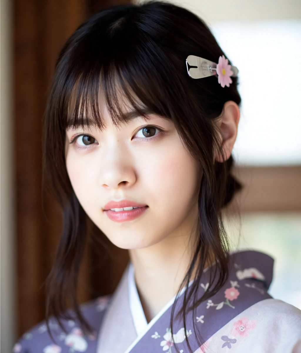 The image is a close-up portrait of a young woman with straight hair and bangs, pale skin. She is wearing a purple and white kimono with a floral pattern. Her hair is styled in a half-up, half-down style with bangs framing her face. She has a small pink flower in her hair, which is attached to her right ear with a silver clip. The woman is looking directly at the camera with a serious expression. The background appears to be a room with wooden walls and a window.
photography works, Soft lighting. 
