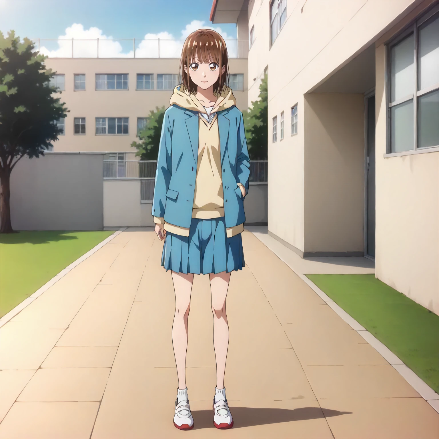 <lora:AnH_ChinatsuKanoXLpony001>,
outdoors,
solo,
ChinatsuKano,1girl,brown hair,medium hair,brown eyes,
hoodie,school_uniform,blue jacket,
pleated skirt,blue skirt,
full body,standing,