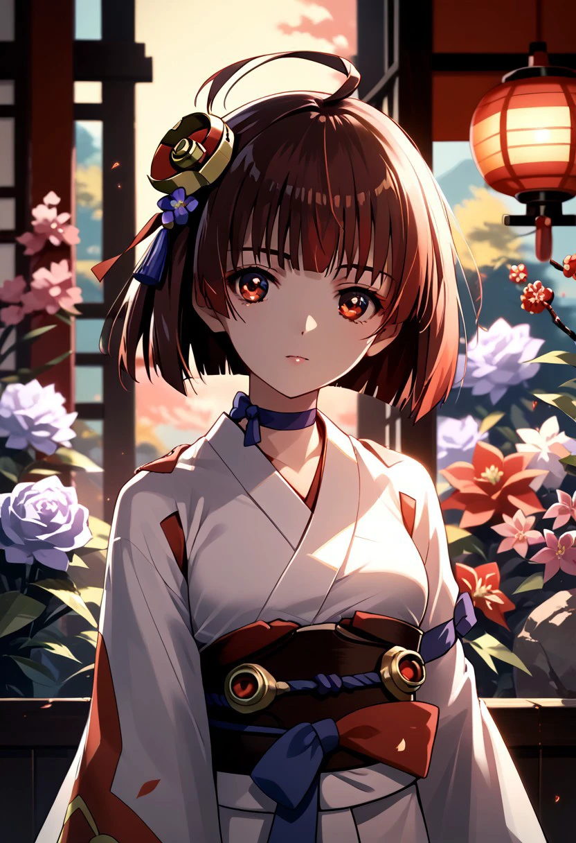 score_9,score_8_up,score_7_up,source_anime,MUMEI_(KABANERI),1girl,solo,looking at viewer,long sleeves,hair ornament,ribbon,ahoge,flower,japanese clothes,choker,hair flower,wide sleeves,kimono,sash,obi,backlighting,ribbon choker,pinwheel,