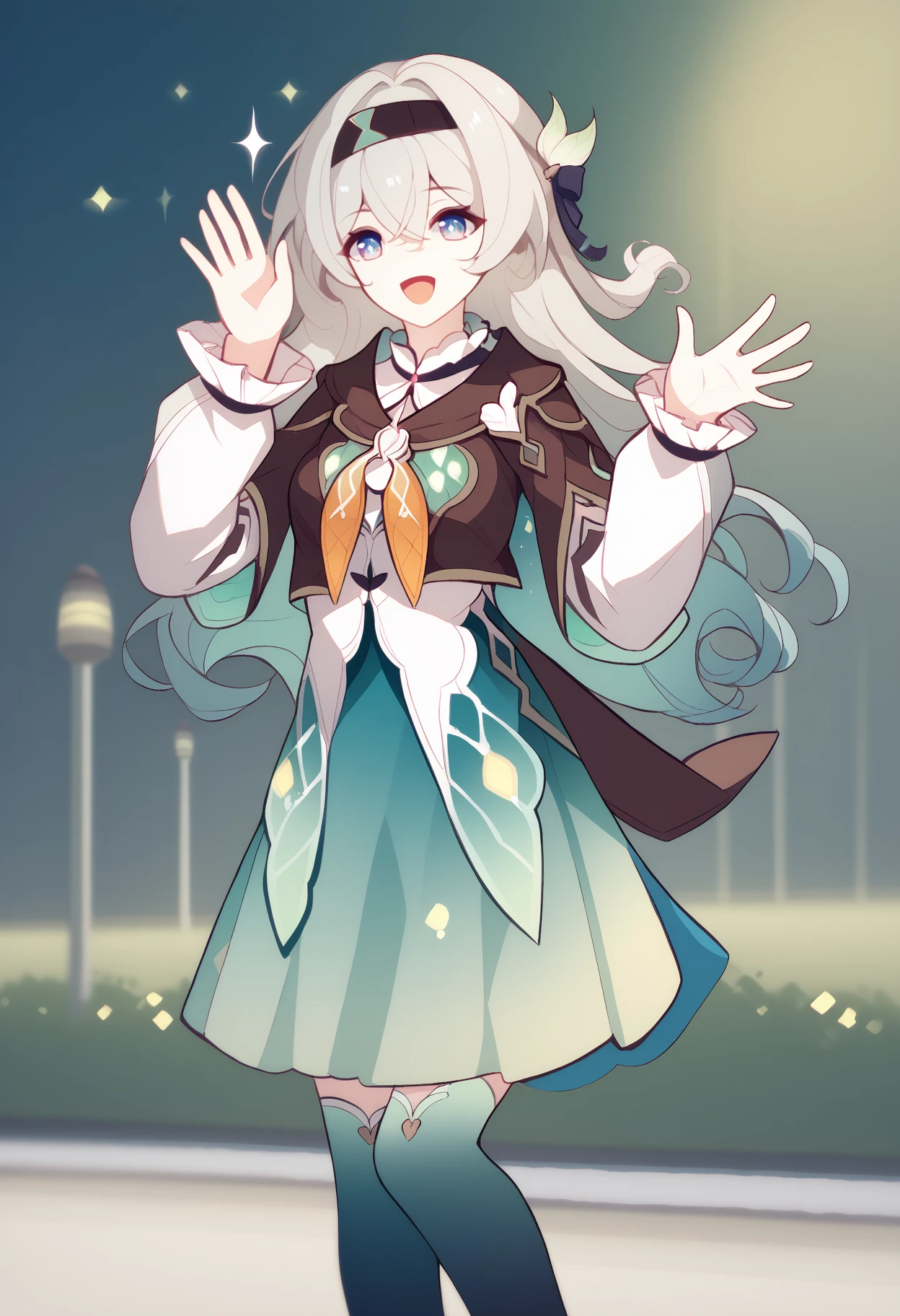 score_9, score_7_up, <break> solo, 1girl, Firefly, happy, open mouth, looking at you, standing, waving, sparkle, blue pupils, long hair, black hairband, hair ornament, brown capelet, frilled collar, white shirt, long white sleeves, green skirt, gradient thighhighs, outdoors
 <segment:yolo-face_yolov8m.pt,0.4,0.5//cid=1>