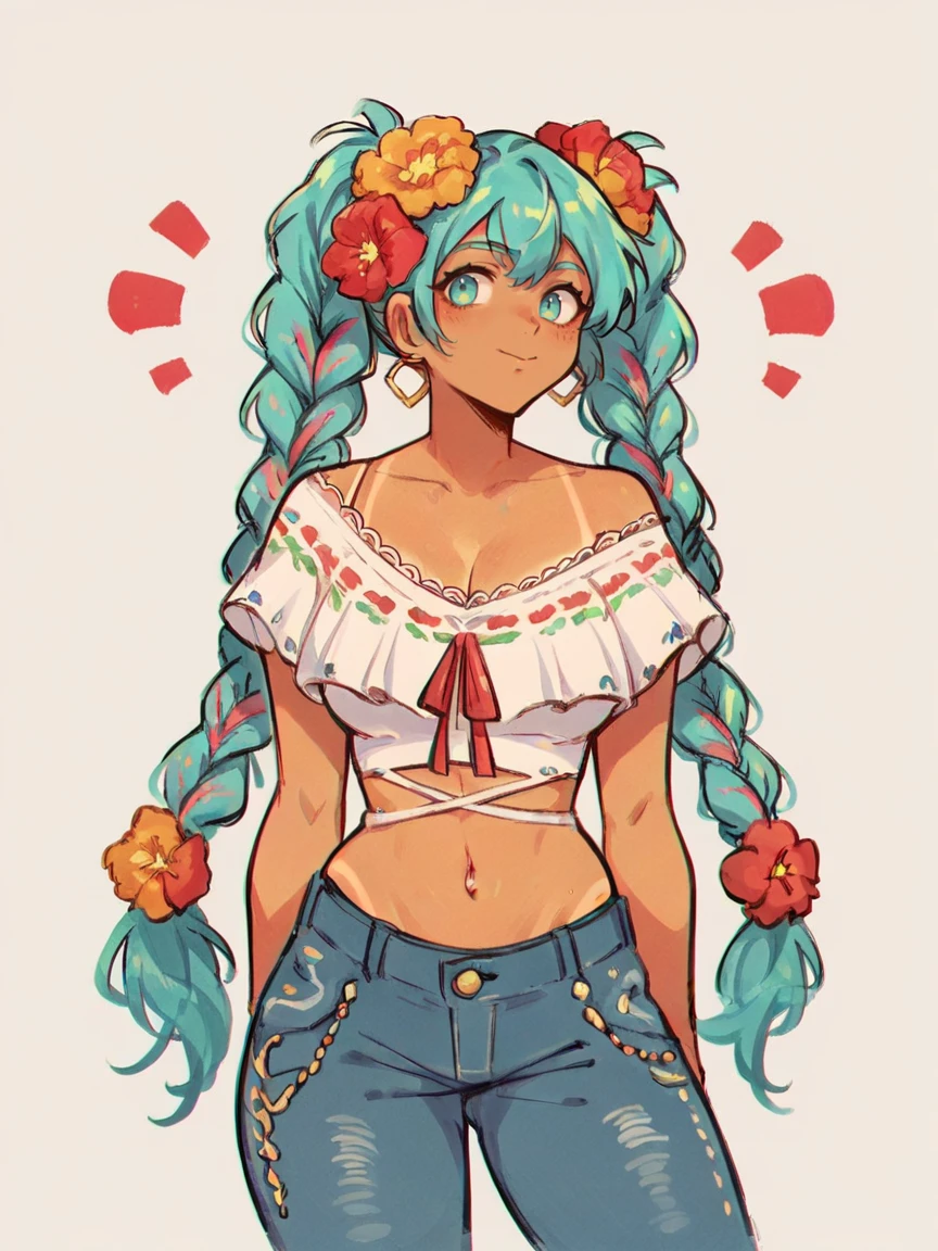 score_9, score_8_up, score_7_up, score_6_up, score_5_up,  <lora:MexicanHatsuneMikuXLP2:0.7> mexican hatsune miku, 1girl, solo, jeans, shirt, jewelry, twin braids, multicolored hair, tan skin, curvy, hair flower,