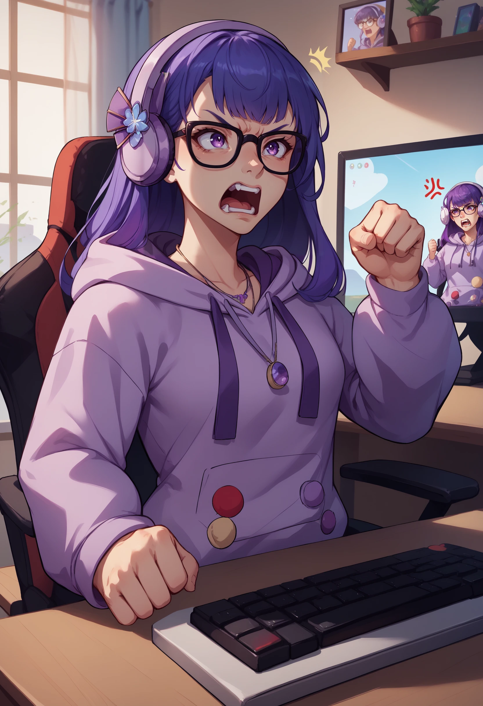 score_9, score_8_up, score_7_up, 1girl, rdenShgunAnv, purple hair, sidelocks, purple eyes, glasses, bespectacled, headphones, hair ornament, purple hoodie, hood down, drawstring, long sleeves, necklace, jewelry,  contemporary, casual, <lora:RaidenShogun2ndAnniv_pdxl_Incrs_v1:1>, fist, indoors, desk, keyboard \(computer\), monitor, gaming chair, screaming, angry, anger vein,