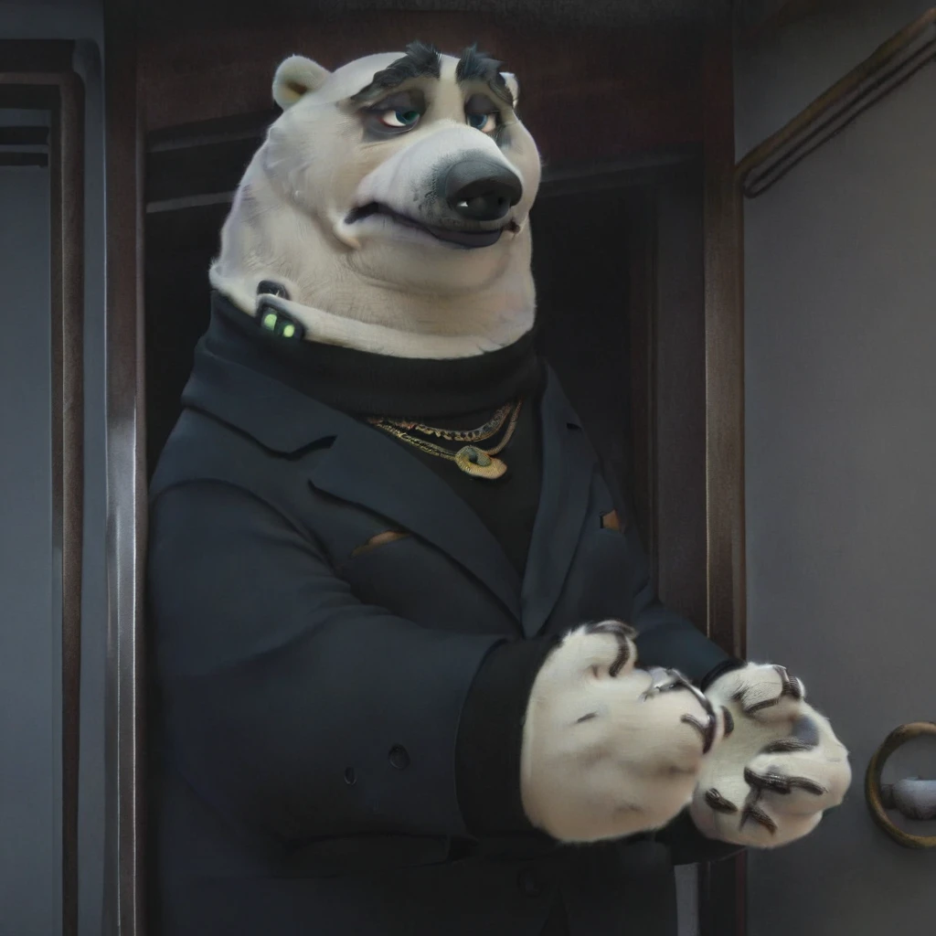 solo, 1boy, furry, anthro, polar bear, male, chubby male, strongman body, turtleneck sweater, zootopia polar bear, koslov from zootopia, dress pants, blazer, gold chain necklace, dark eyelids, dark muzzle, blue eyes, serious expression, black bushy brows, broad shoulders, burly arms