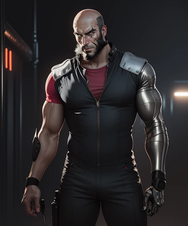 (masterpiece:1.2), best_quality, official_art, ultra_detailed, (jetblack:1.5), male focus, 1boy, facial hair, (beard:1.2), bald, black hair, muscular, (eye_scar:1.2), (metal_facial_mark:1.2), (cyborg:1.2), (prosthetic_arm:1.5), (single_metal_arm:1.5), armor, jumpsuit, (single_red_short_sleeve:1.2), (black_wristbands:1.2), holding_gun, (fog:1.2), (neon_lights:1.2), (sci-fi:1.5), (noir:1.2), (dramatic_lighting:1.2), (cowboy_shot:1.2), <lora:JetBlackV1:1>