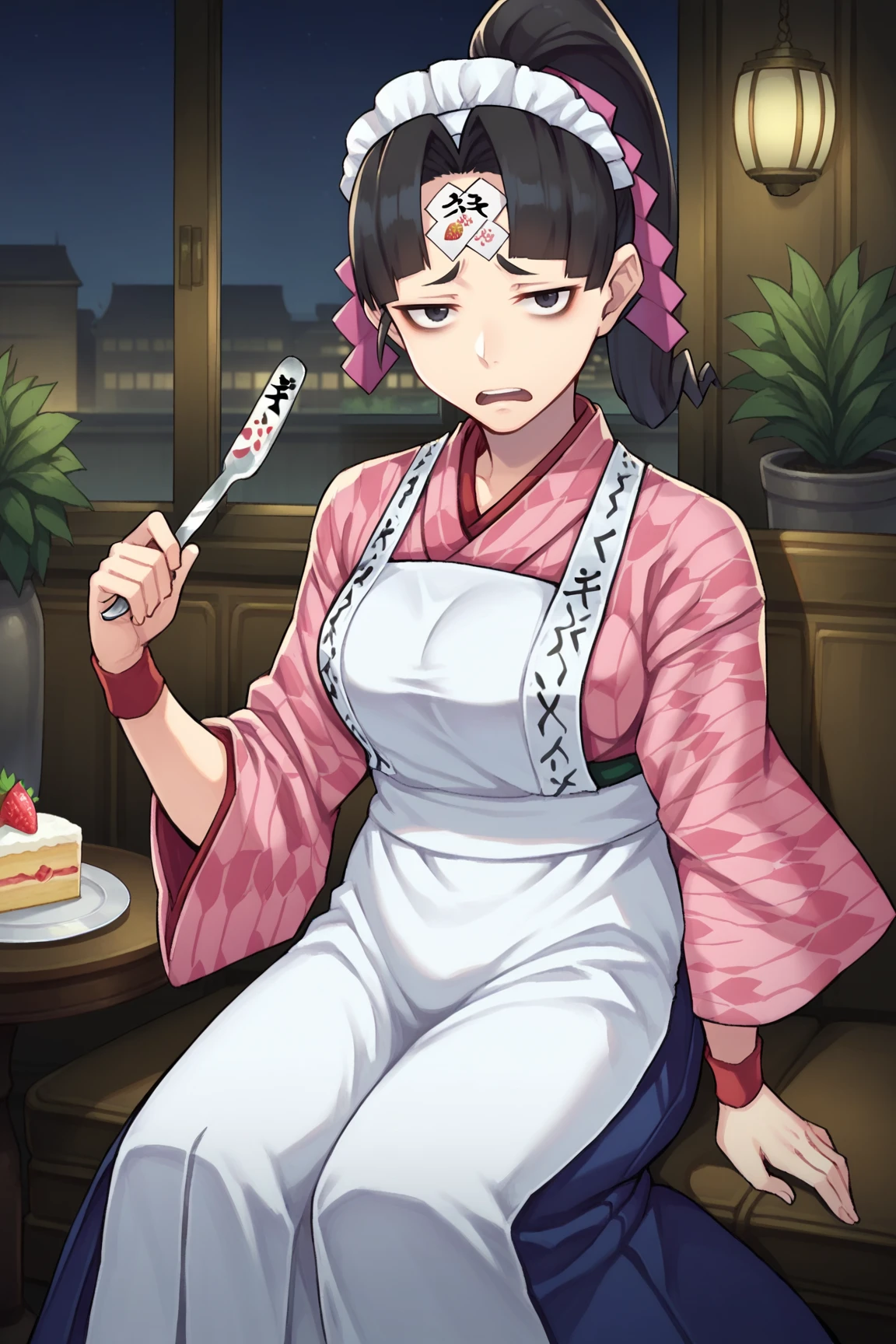 score_9, <lora:JinxieX:1>, JinxieX, 1girl, solo, black hair, maid headdress, black eyes, looking at viewer, short hair, open mouth, frown, ponytail, nervous, embarrassed, parted bangs, tape, half-closed eyes, sad, bags under eyes, 
white apron, japanese clothes, blue skirt, wa maid, hakama skirt, maid, blue hakama, pink kimono, yagasuri, sitting, , medium breasts,  long sleeves, dutch angle,  food, cake, fruit, holding fork, fork, eating, pancake, strawberry shortcake, cake slice, holding, plate, strawberry,
 indoors, window, restaurant, potted plant, night, night sky, park, sky, building, city, lamppost,