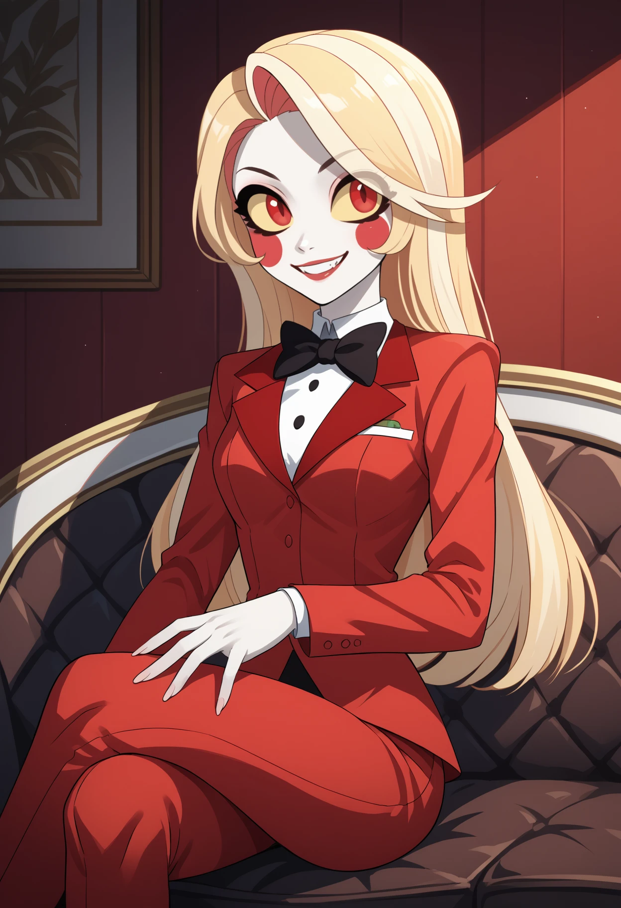 score_9, score_8_up, score_7_up, source_anime, <break> solo, 1girl, chrlmrnstr, white skin, makeup, blush stickers, smile, looking at you, sitting, couch, crossed legs, multicolored hair, blonde hair, yellow sclera, red eyes, red suit, red jacket, black bowtie, red pants, indoors, lobby
<segment:yolo-face_yolov8m.pt,0.4,0.5//cid=1>