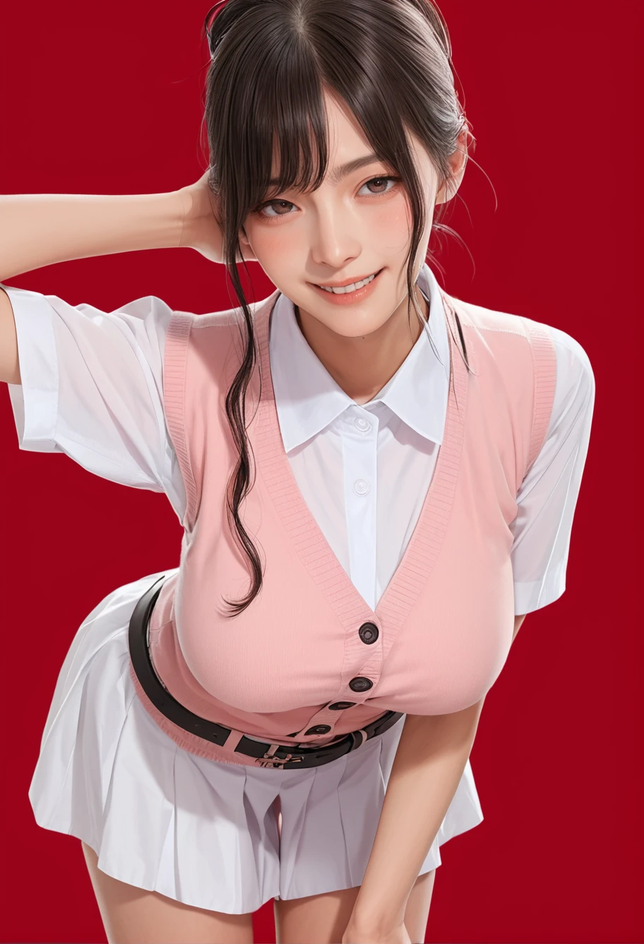 1girl,red background,,ruanyi1018,black belt,collared shirt,pink vest,white skirt,bent over,cowboy shot,<lora:1018 Home wear 34_v1_pony:1>, score_9, score_8_up, score_7_up, score_6_up, score_9, score_8_up, score_7_up, score_6_up source_anime, blush, 1girl, seduce smile, perfect body , natural huge breasts