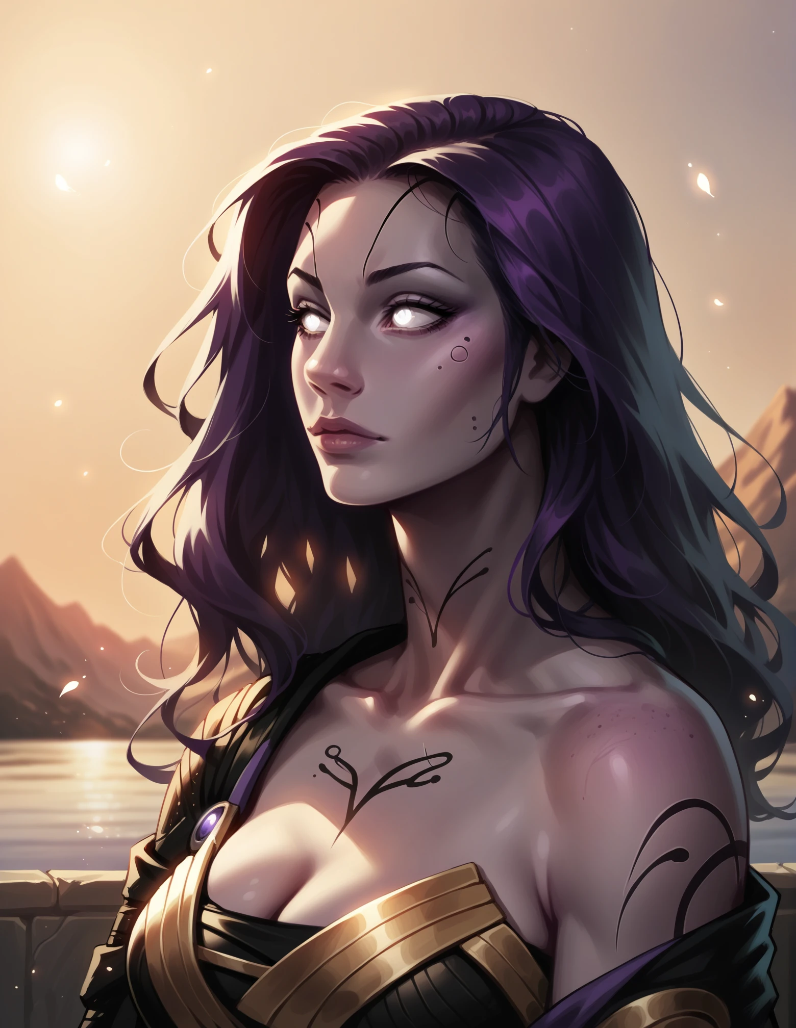 <lora:Tali:1> tali, face, white eyes, beautiful woman. black long hair, sunset, chest, pinkish skin, purple atmosphere (Smile:0.4), looking to the left, profile, tattoos, face tattoos, score_9, score_8_up, score_7_up, score_6_up, 2d, digital art, masterpiece, <lora:sinfully_stylish_PONY_0.2:0.3> dramatic lighting <lora:incase-ilff-v3-4:0.3> <lora:Expressive_H:0.3> expressiveh <lora:g0th1cPXL:0.3> g0th1cpxl