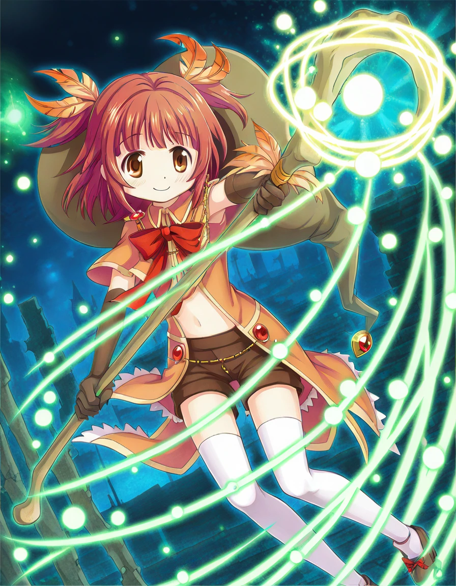 akino kaede, witch hat, brown shorts, brown elbow gloves, white kneehighs, dynamic angle, solo, smile, holding staff, casting spell, ruins, glowing plant, night, <lora:20241004091734_akino_kaede_animagine-xl-3.1:0.7>