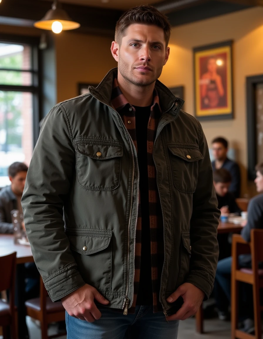 <lora:Dean_Winchester_Flux:1>  this is an image of a tall well built man wearing a jacket, flannel shirt,  jeans,  in a cafe looking at the viewer