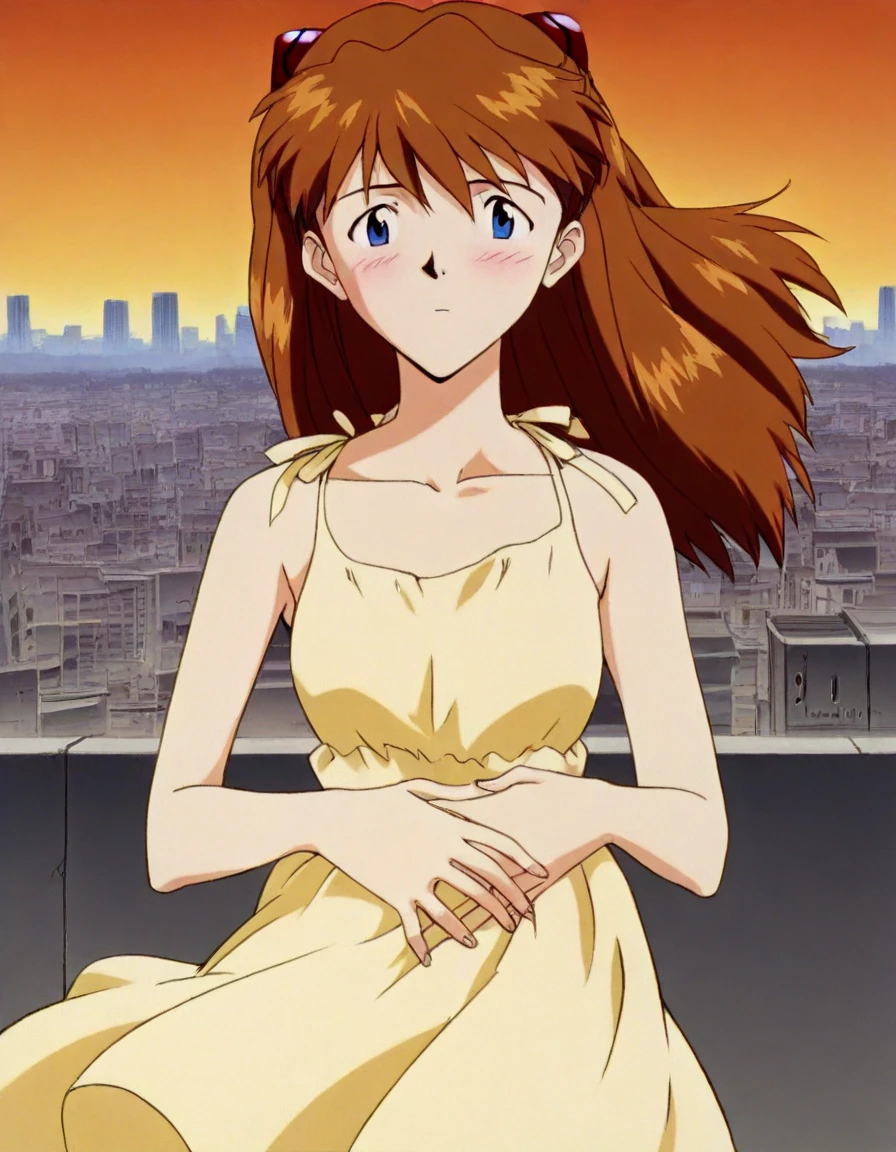 , <lora:asuka-langley-soryuu-classic-illustrious-lora-nochekaiser:1>, asuka langley soryu, long hair, bangs, blue eyes, brown hair, hair ornament,, dress, yellow dress, sundress, collarbone, bare shoulders,, rooftop, sunset, cityscape, quiet moment, wind blowing, contemplative, , looking at viewer, hands on stomach, blush,, solo,, cowboy shot, dutch angle