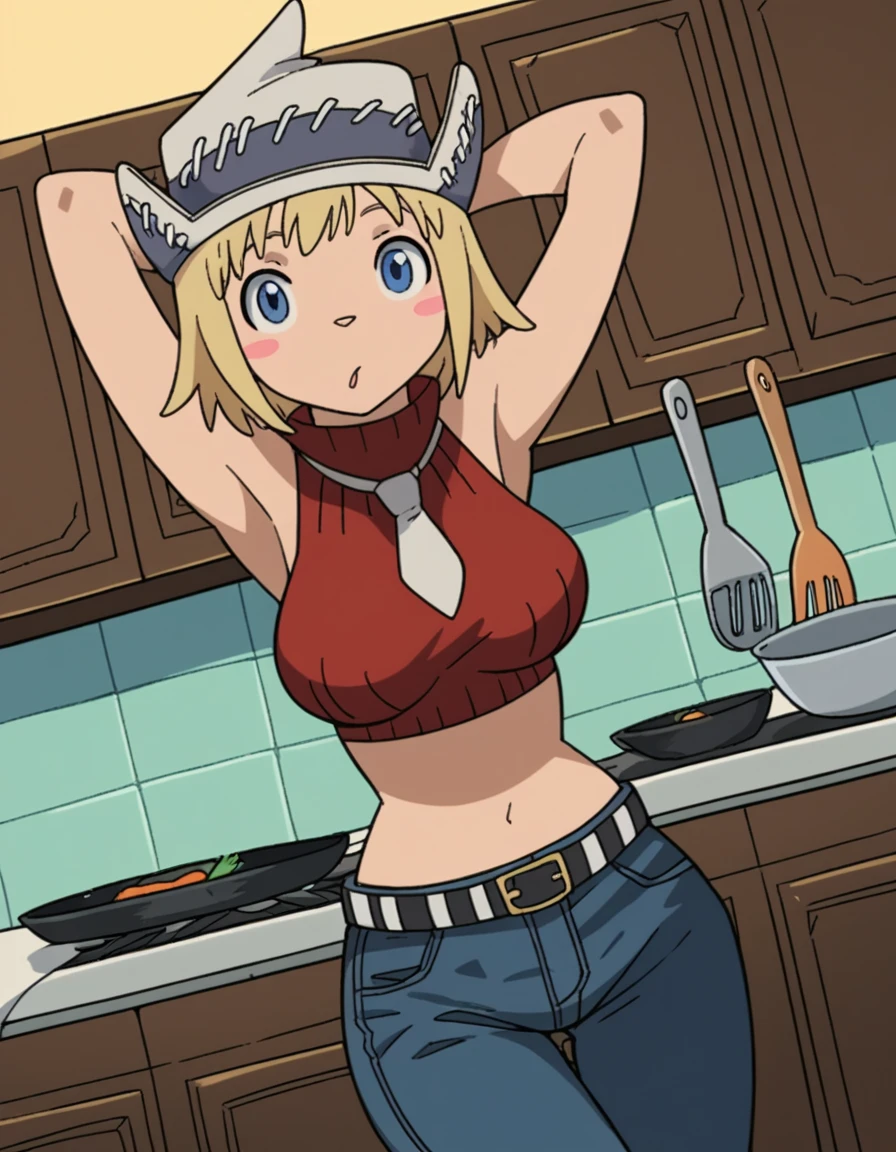 score_9, score_8_up, score_7_up, source_anime, <lora:patricia-thompson-s1-ponyxl-lora-nochekaiser:1>, patricia thompson, short hair, blue eyes, blonde hair, blush sticker, medium breasts,, hat, bare shoulders, jewelry, necktie, sleeveless, midriff, crop top, turtleneck, sleeveless turtleneck, pants, denim, belt, kitchen, cooking, apron, cutting vegetables, home cooking, , looking at viewer, hands behind head,, solo,, cowboy shot, dutch angle,