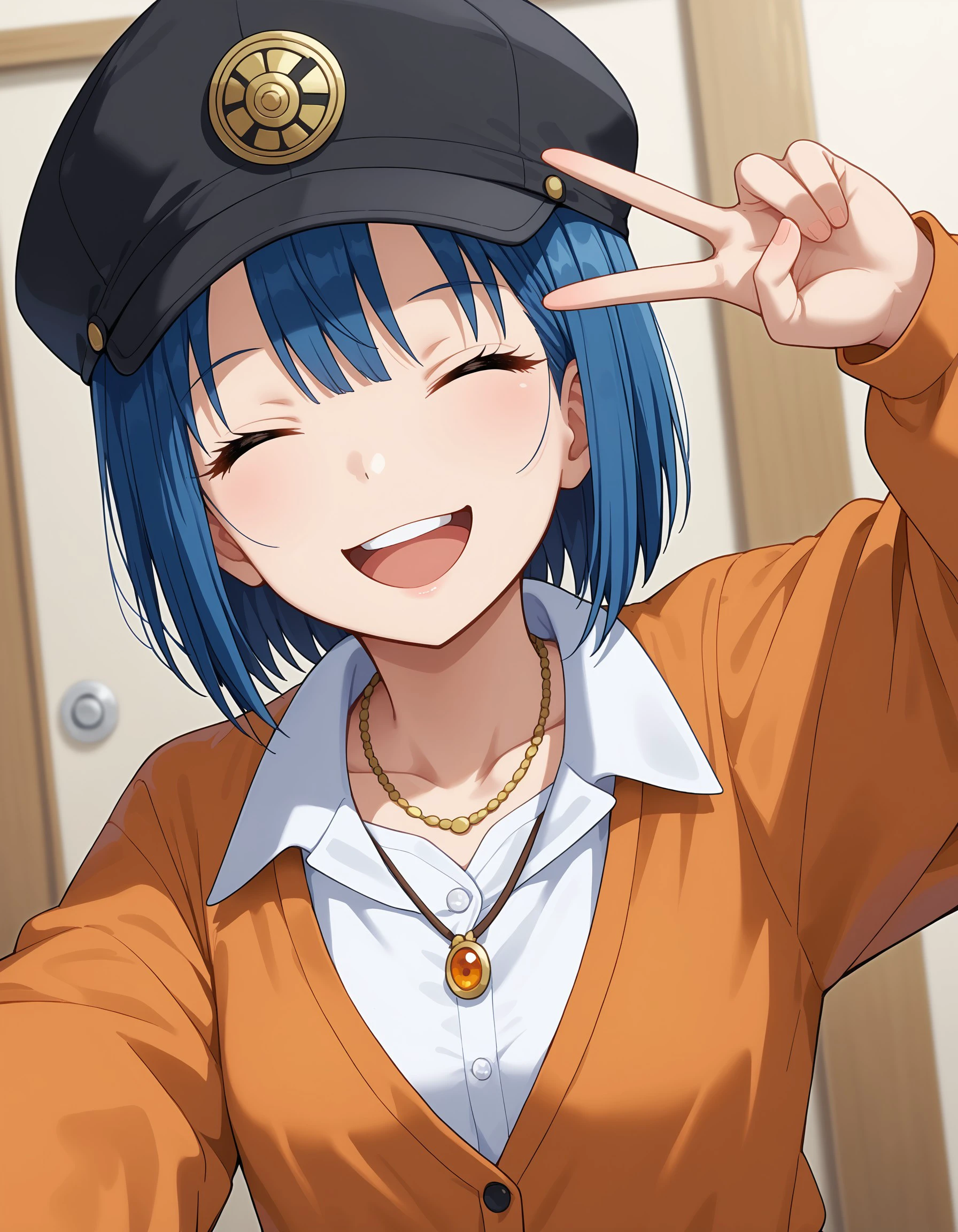 (masterpiece), best quality, expressive eyes, perfect face, selfie, closed eyes, shirt,  necklace, jewelry, smile, v, open mouth, white shirt, ong sleeves, hat, collared shirt, upper body, black headwear,  ^_^,  :d, orange shirt, collarbone,  harukachan, <lora:810acdd2-ae02-487d-950d-ee96ff33ca97:0.7>