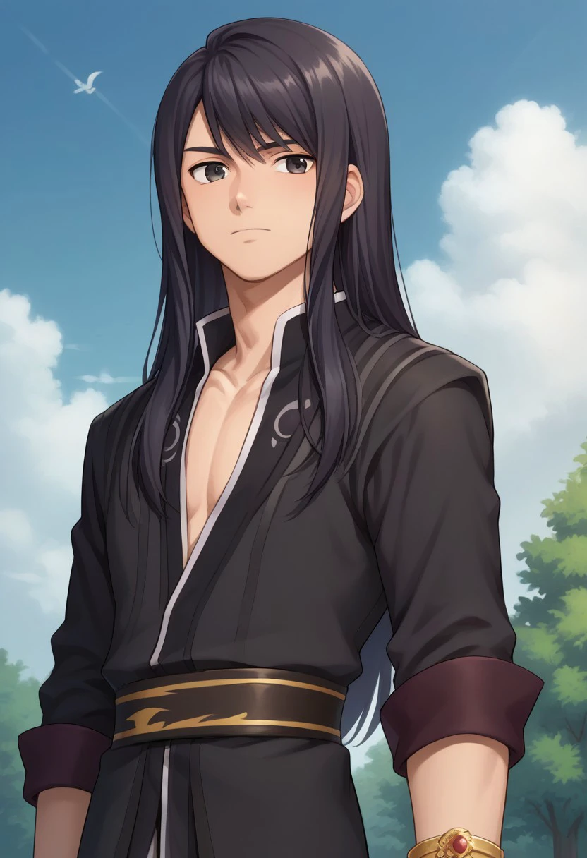 score_9, score_8_up, score_7_up, source_anime, highly detailed, 
lowell, 1boy, male focus, solo, black hair, long hair, black eyes, shirt, black shirt, rolled up sleeves, jewelry, bracelet, 
outdoor, sky, cloud, tree