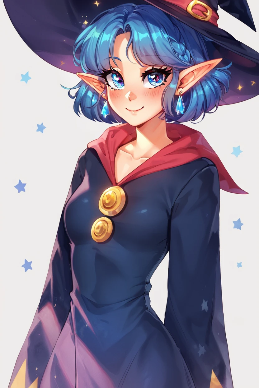 score_9, score_8_up, score_8, medium breasts, (curvy), cute, eyelashes,       BREAK, , zzIrene, pointy ears, short hair, blue hair, witch hat, witch,  earrings, long robe,  <lora:IreneZelda_PDXL:0.8>,  , BREAK, smile, closed mouth, looking at viewer, cowboy shot, ,,, embedding:zPDXL, Expressiveh, ,,, <lora:Puppypaww_Style_PDXL_v2:0.8>, <lora:SDXLFaeTastic2400:0.5>, <lora:Expressive_H-000001:0.4>,