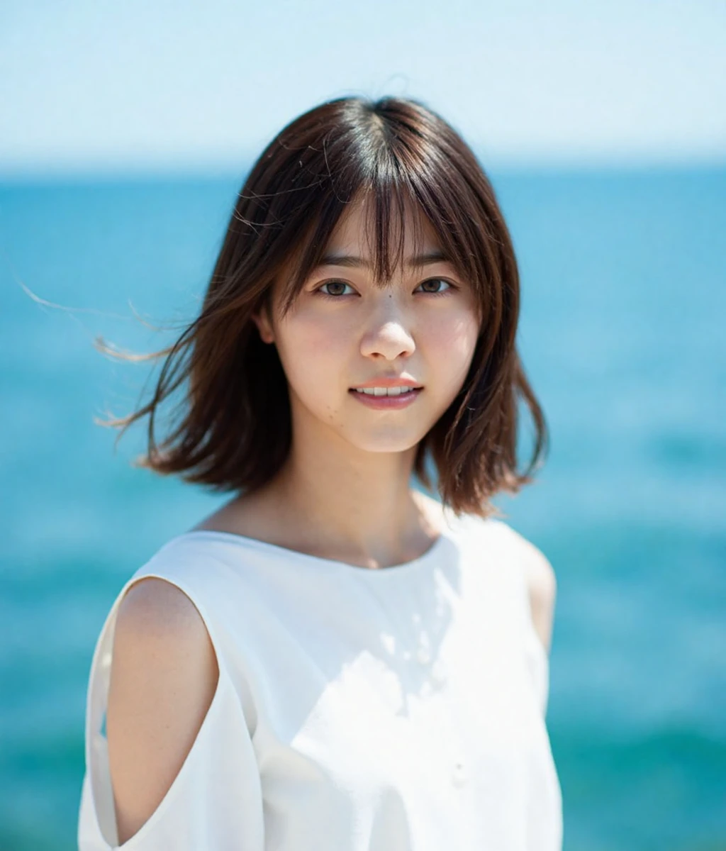 nanase,This picture shows a young woman standing by the seaside, with medium hair and bangs. The background is a blue sea and sky. The character is wearing a white dress, with hair blown by the wind, appearing very natural and relaxed. The overall color tone is fresh and bright, giving people a sense of tranquility and freedom.
From a photography perspective, this photo utilizes natural light to enhance the softness of the image. The color of the sea and sky in the background contrasts sharply with the white dress of the characters, making them the focal point of the picture.