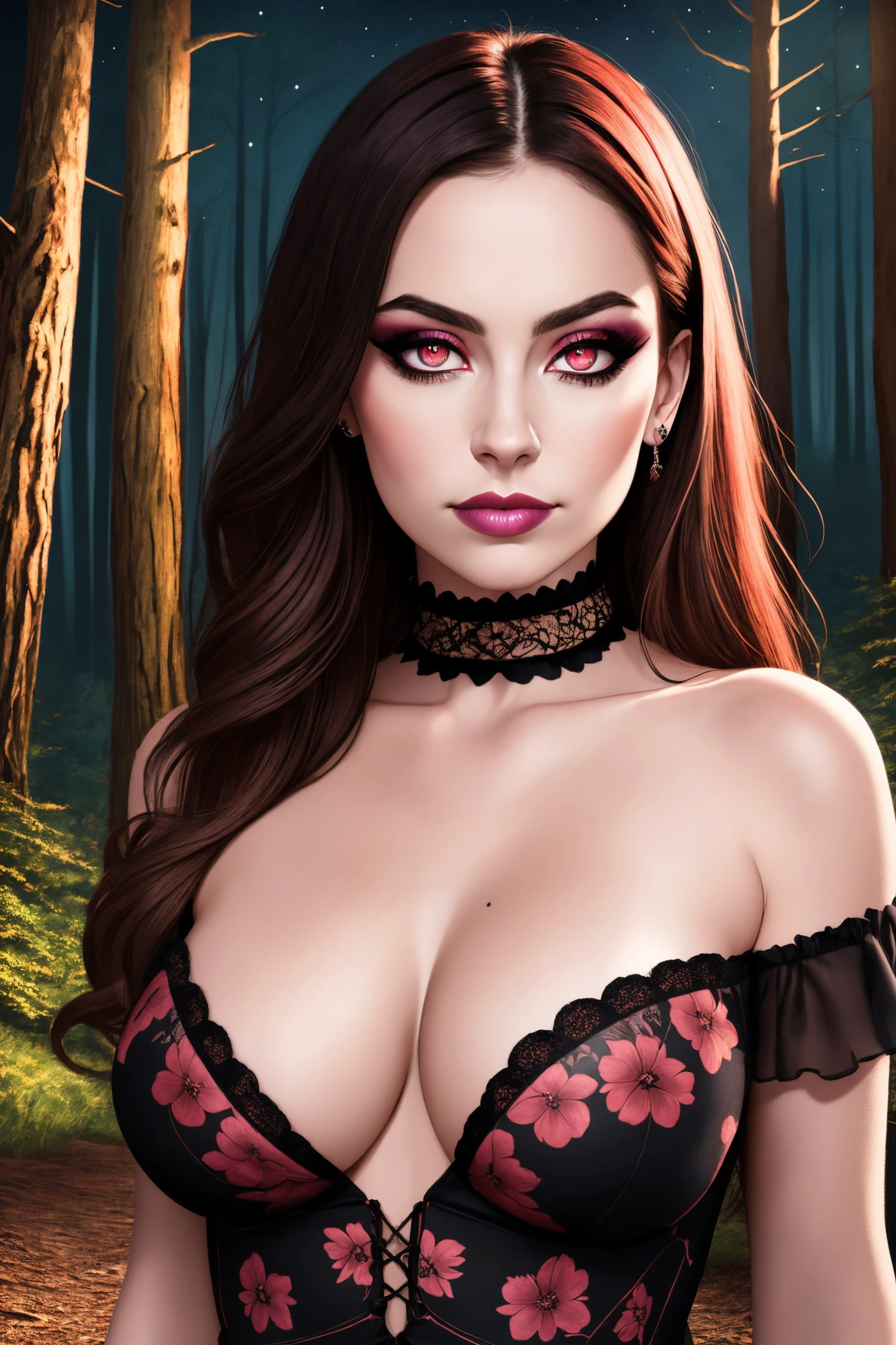 photo of  woman with Gothic Chic aesthetic, (light red eyes realistic eyes:1.1), detailed pupils, makeup
1970s, woman ([Georgia|Phoebe|Cleopatra]:0.9), (lana:0.6), centered, looking at viewer, , sexy, symmetrical face, small breast, , shadowy, imperfect skin, realistic skin, glamour model,
wearing floral print, Nighttime campsite and forest,
best quality, masterpiece, HDR, professional, studio quality, highres,
detailed Brown background,
realistic, real life, detailed, RAW, analog,,