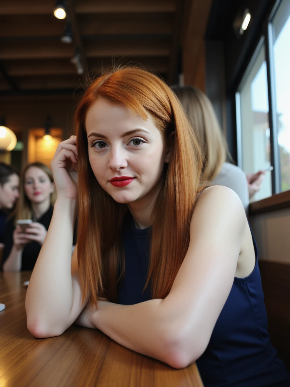 Miss Mia is a young woman with sleek, long, bright red hair. She always has bright red lipstick. Mia is wearing a simple dark blue sundress. 

Create a cinematic photo of Mia sitting at a table in a coffee store, looking seductively at the viewer. People are in the background, but she's flirting and captivating the viewer with a teasing confidence that draws attention

Intricate details,beautiful face, detailed textures, detailed skin, 16k, 600dpi,moody lighting,Kodak Ektar 100,spectacular lighting, extreme low angle photo