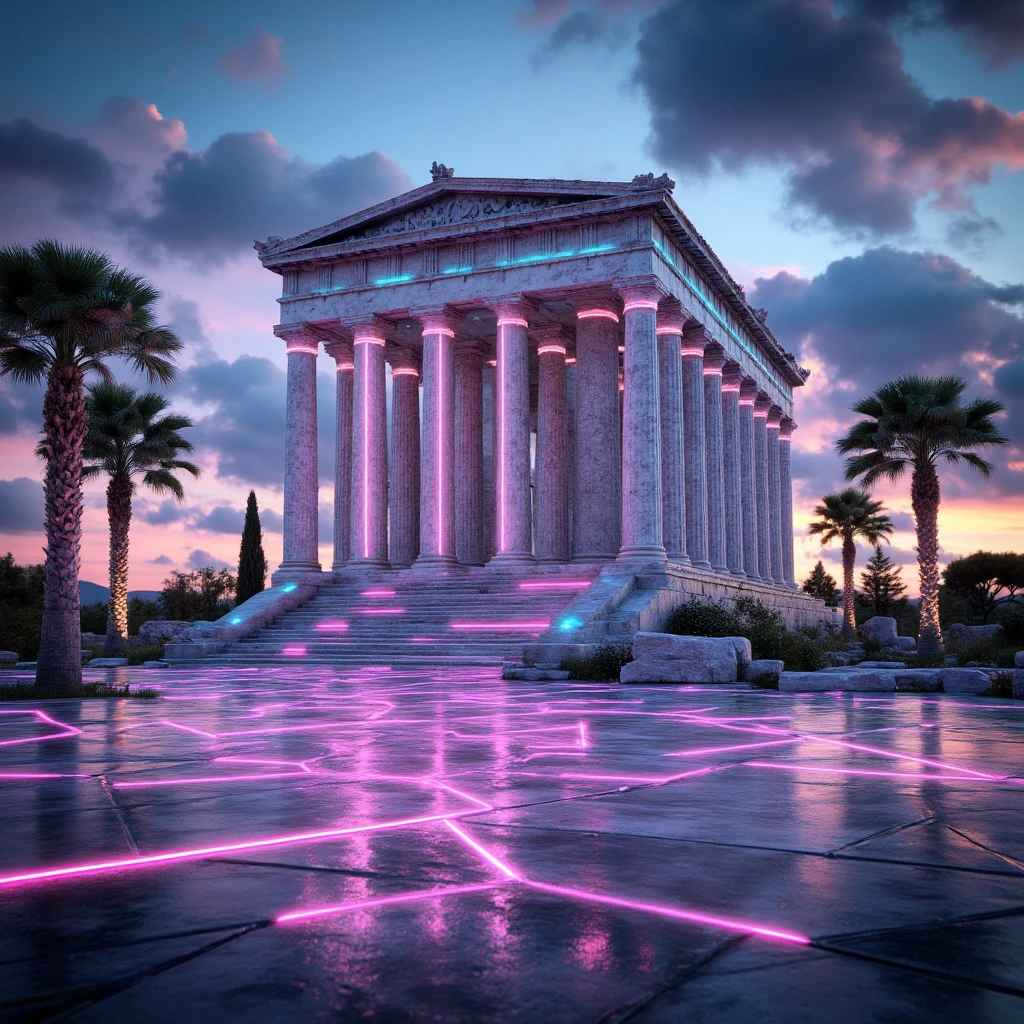 An abstract, vaporwave reimagining of the Temple of Zeus, where the stone columns are wrapped in pulsating neon wires. A holographic sunset with grids stretching across the sky forms a backdrop, while metallic palm trees frame the monument, casting glowing reflections on the ground.
